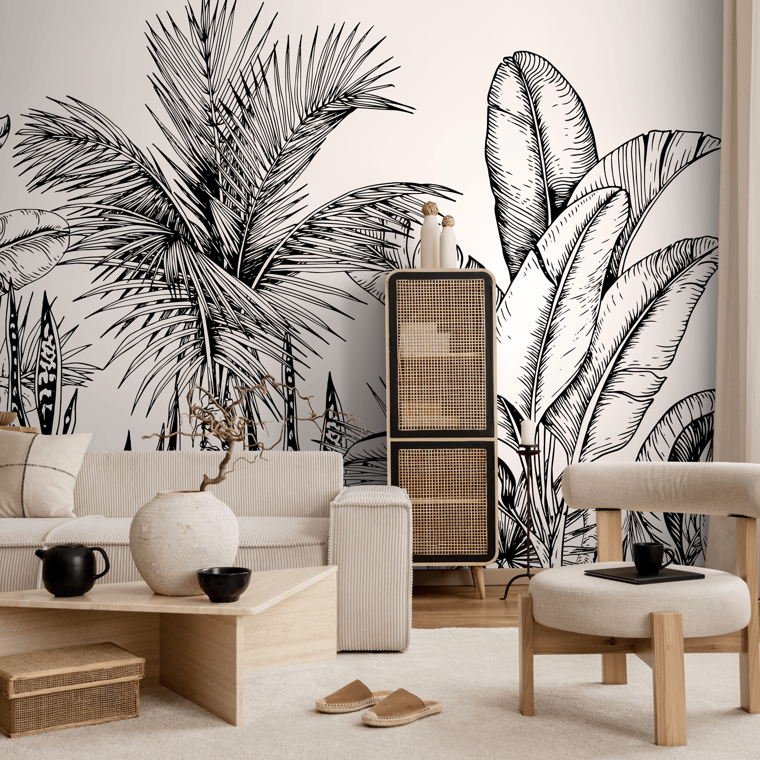 Botanical Wallpaper with Hand-Drawn Tropical Leaves in Black and White - B732