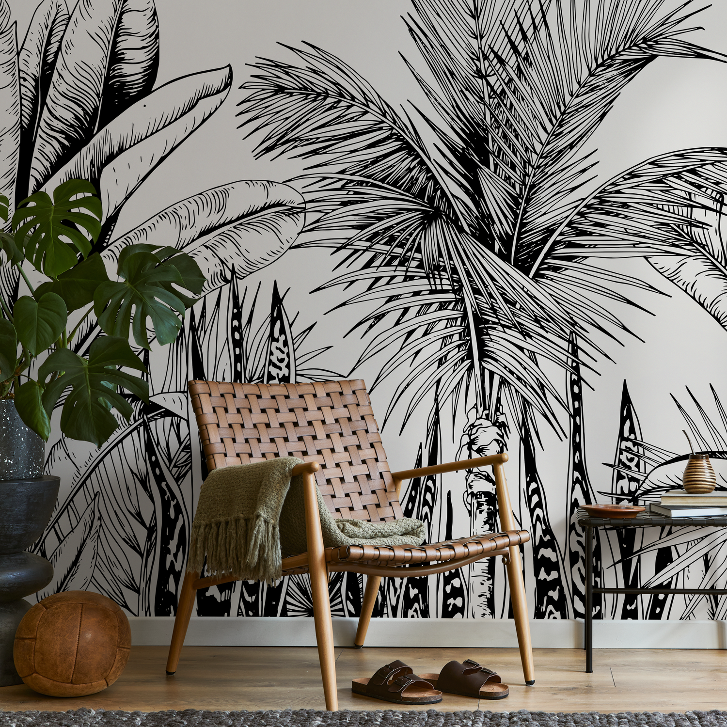 Botanical Wallpaper with Hand-Drawn Tropical Leaves in Black and White - B732