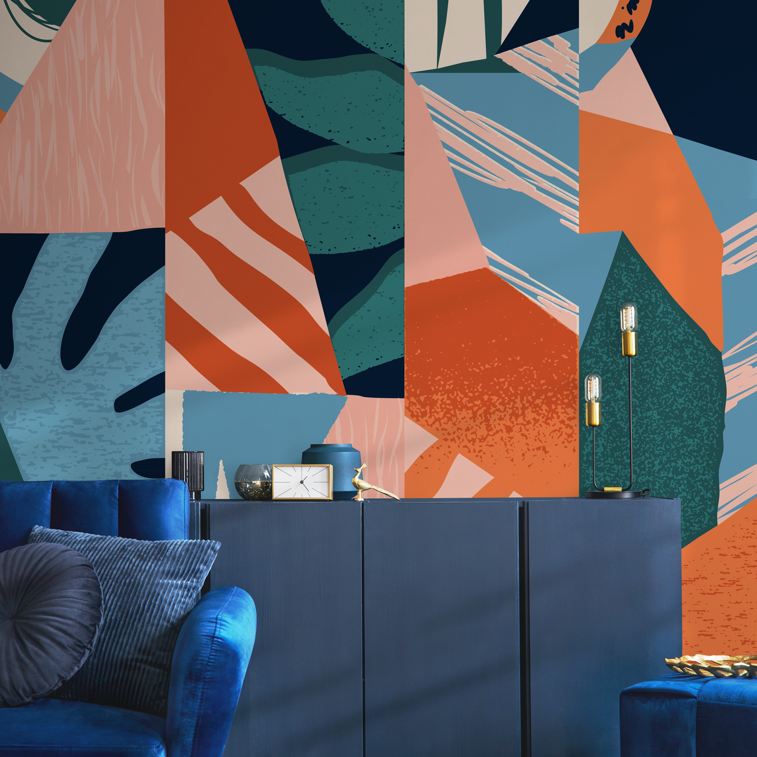 Abstract Wallpaper with a Modern Textured Collage in Terracotta, Blue, and Teal - B736