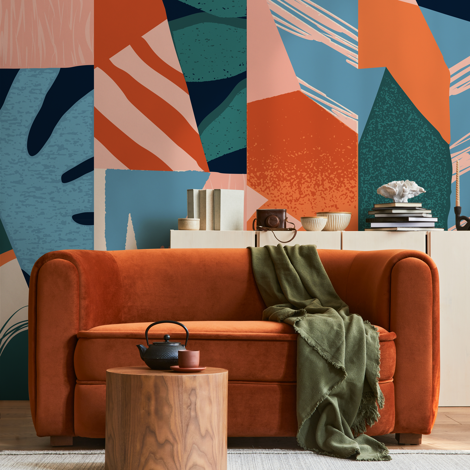 Abstract Wallpaper with a Modern Textured Collage in Terracotta, Blue, and Teal - B736