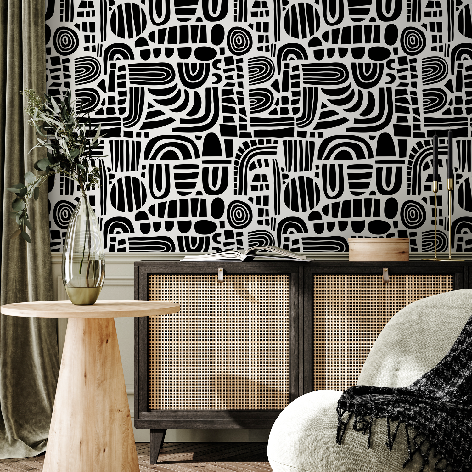 Abstract Wallpaper with a Graphic Block Print Motif in Black and White - B737