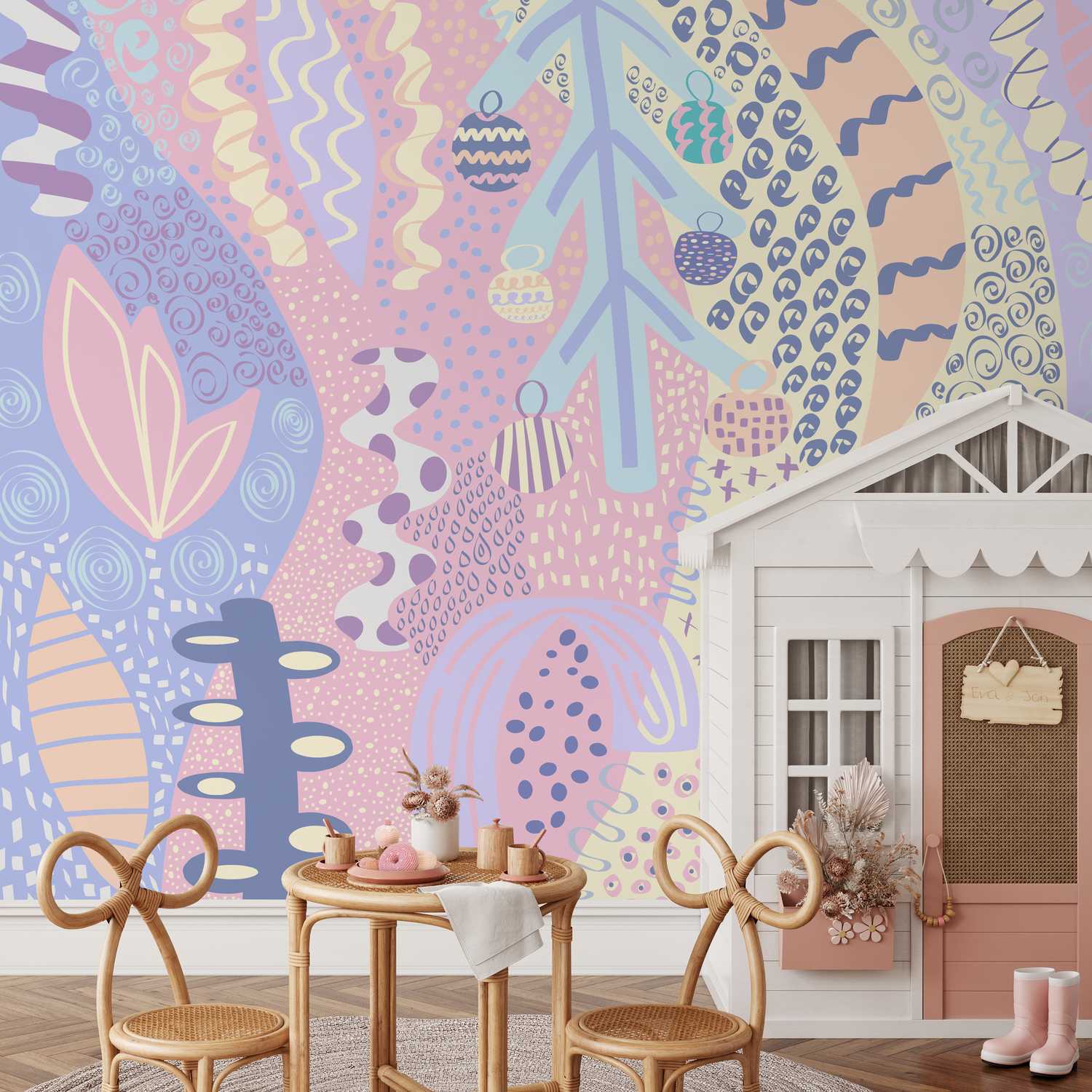 Abstract Wallpaper with Whimsical Doodles in Pink, Blue, and Lavender - B742
