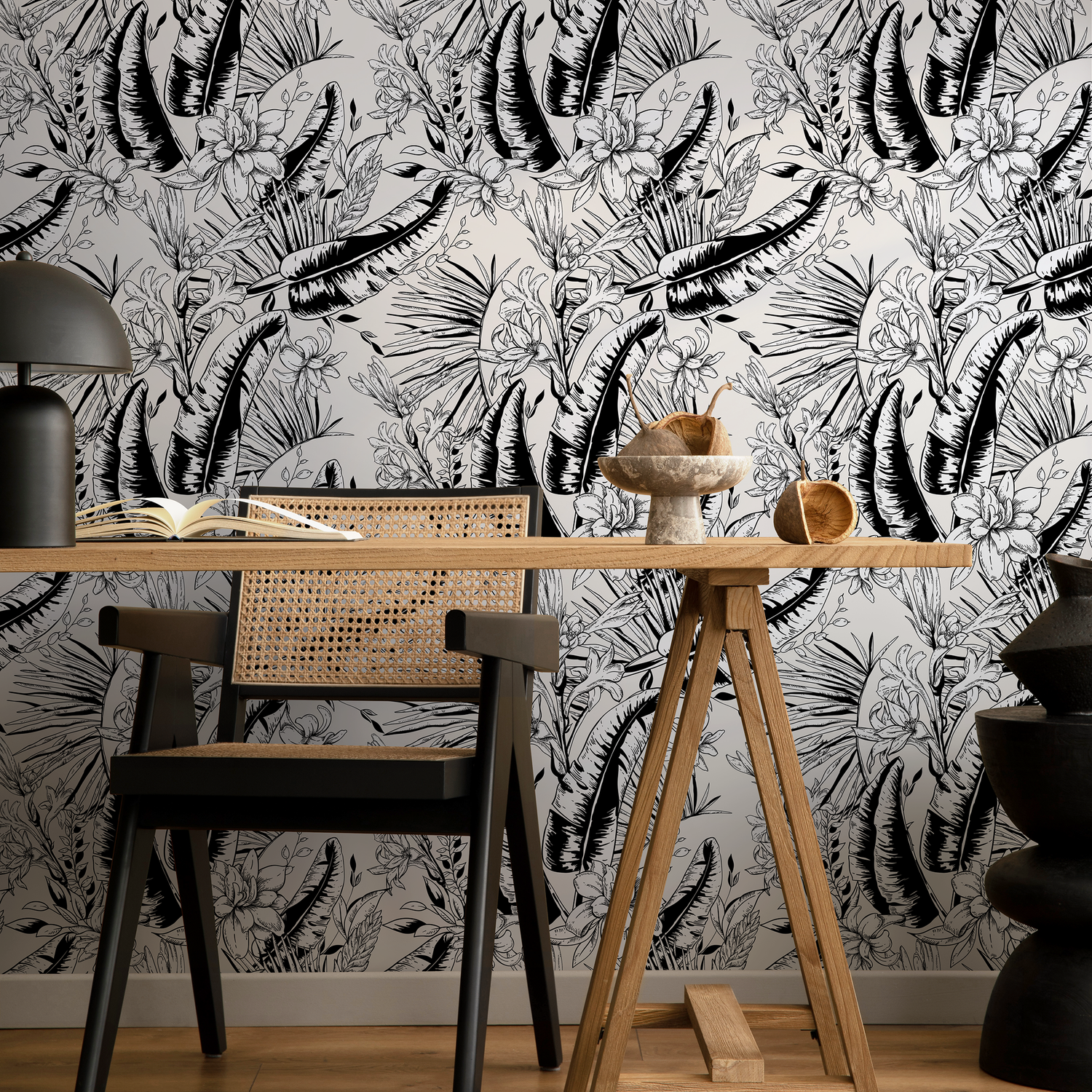 Tropical Wallpaper with Sketched Jungle Botanicals in Black and White - B744