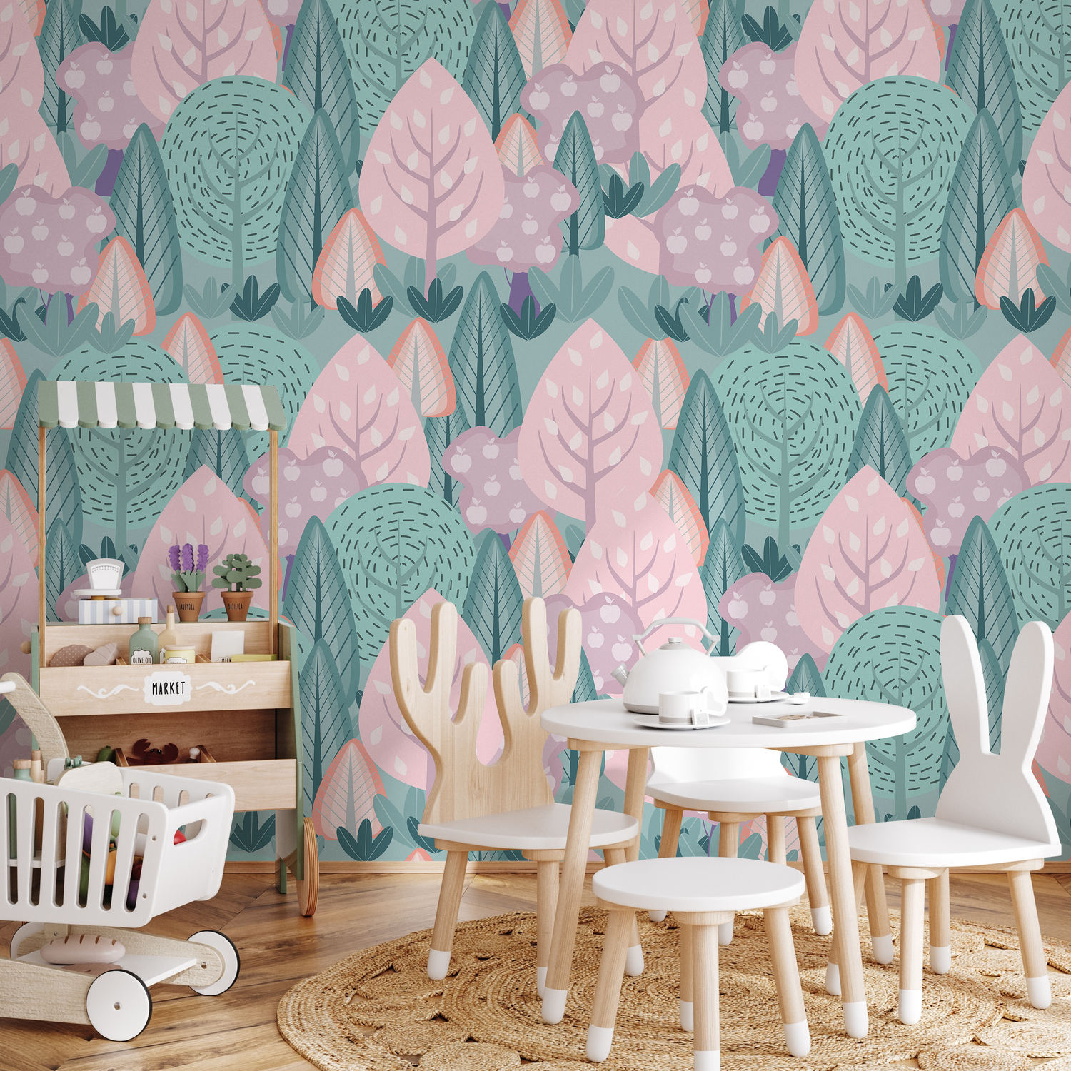 Papel tapiz decorativo de pared, autoadhesivo, extraíble, para decoración del hogar, decoración de habitaciones, papel tapiz infantil de bosque rosa y verde -B747