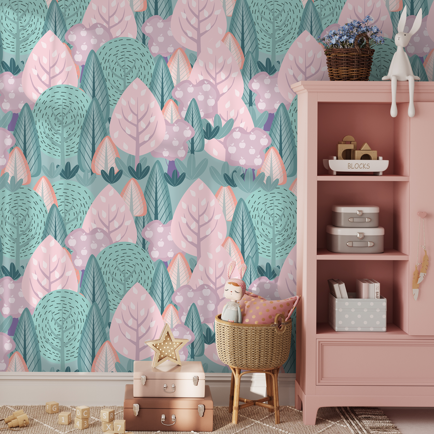 Papel tapiz decorativo de pared, autoadhesivo, extraíble, para decoración del hogar, decoración de habitaciones, papel tapiz infantil de bosque rosa y verde -B747