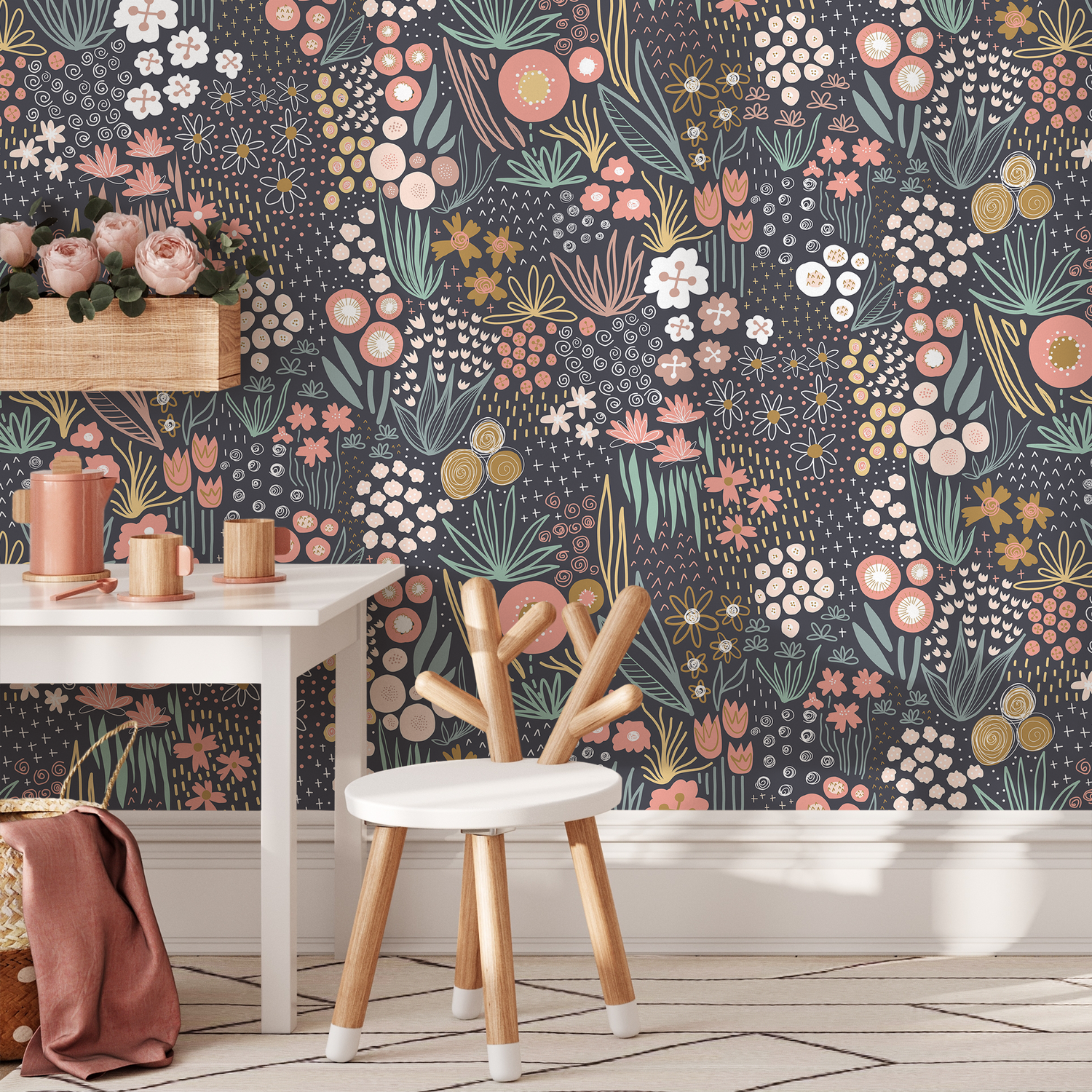 Botanical Wallpaper with a Whimsical Meadow in Pink, Green, and Yellow - B754