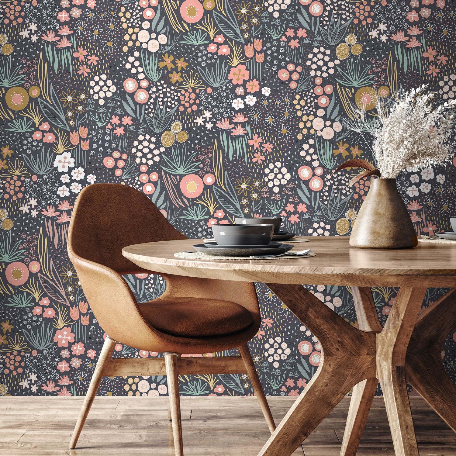 Botanical Wallpaper with a Whimsical Meadow in Pink, Green, and Yellow - B754