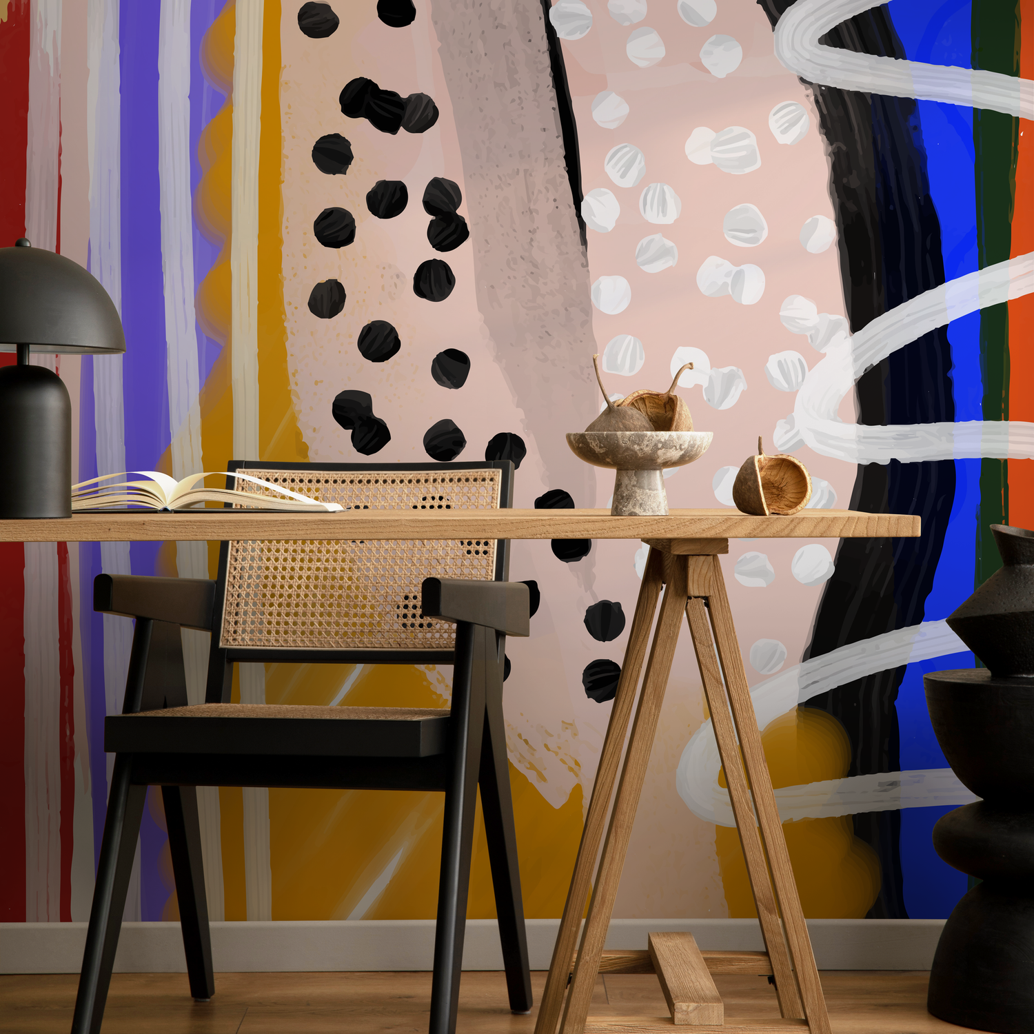Abstract Wallpaper with Painterly Brushstrokes in Blue, Red, and Yellow - B756