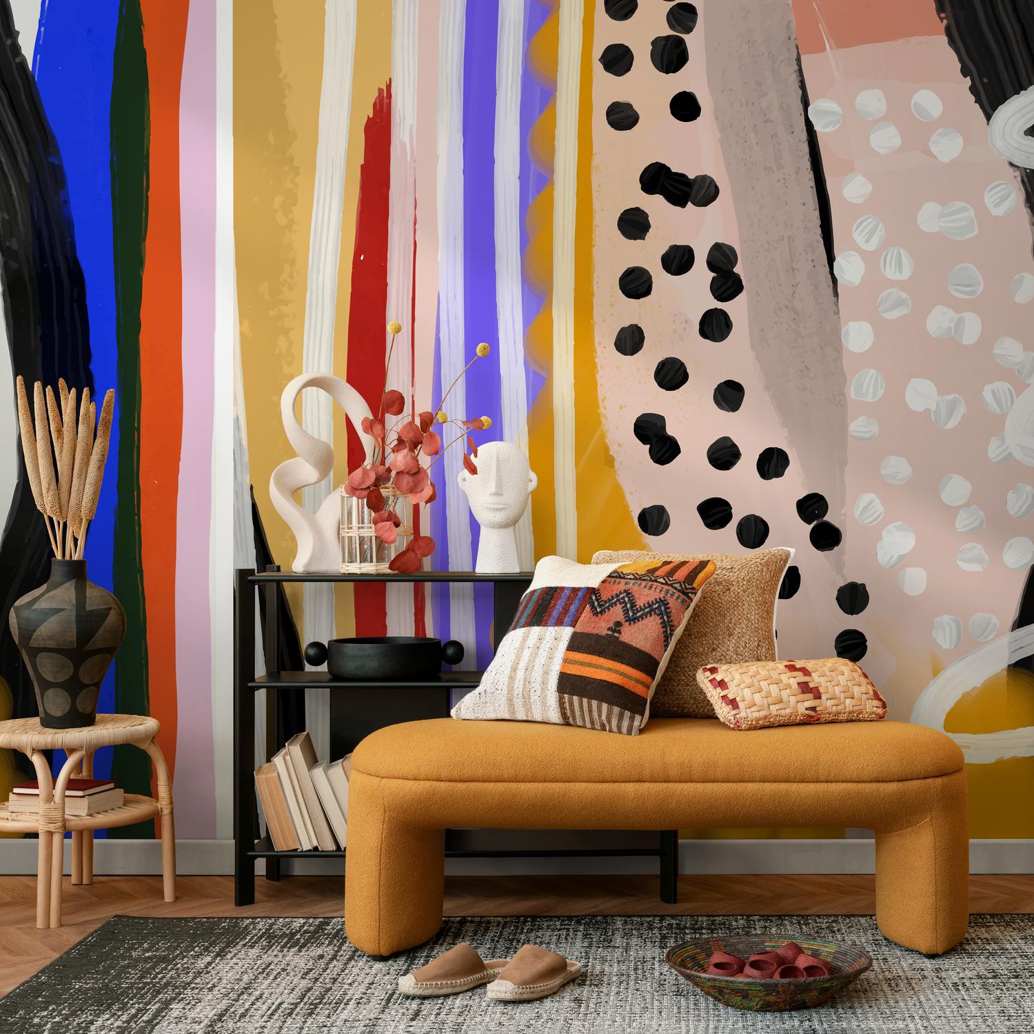 Abstract Wallpaper with Painterly Brushstrokes in Blue, Red, and Yellow - B756