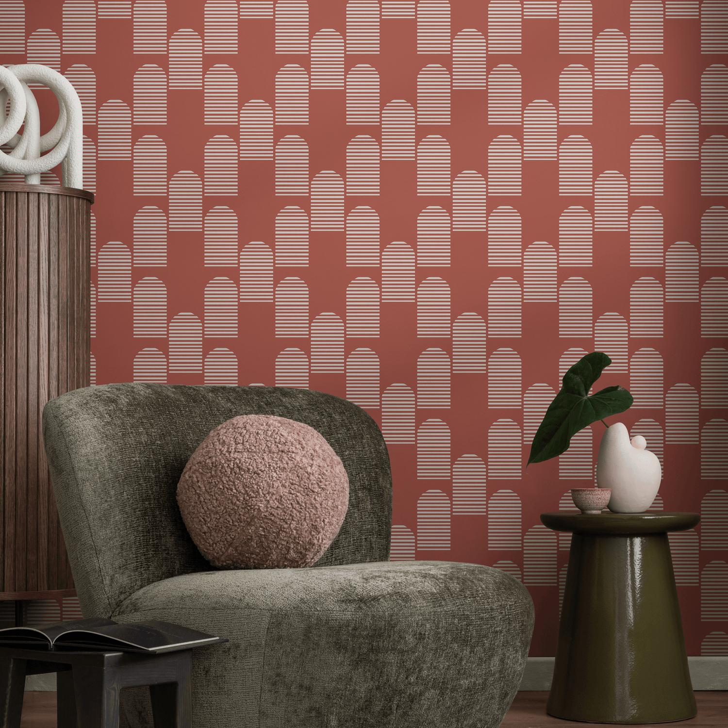 Geometric Wallpaper with a Striped Arch Motif in Terracotta and White - B761