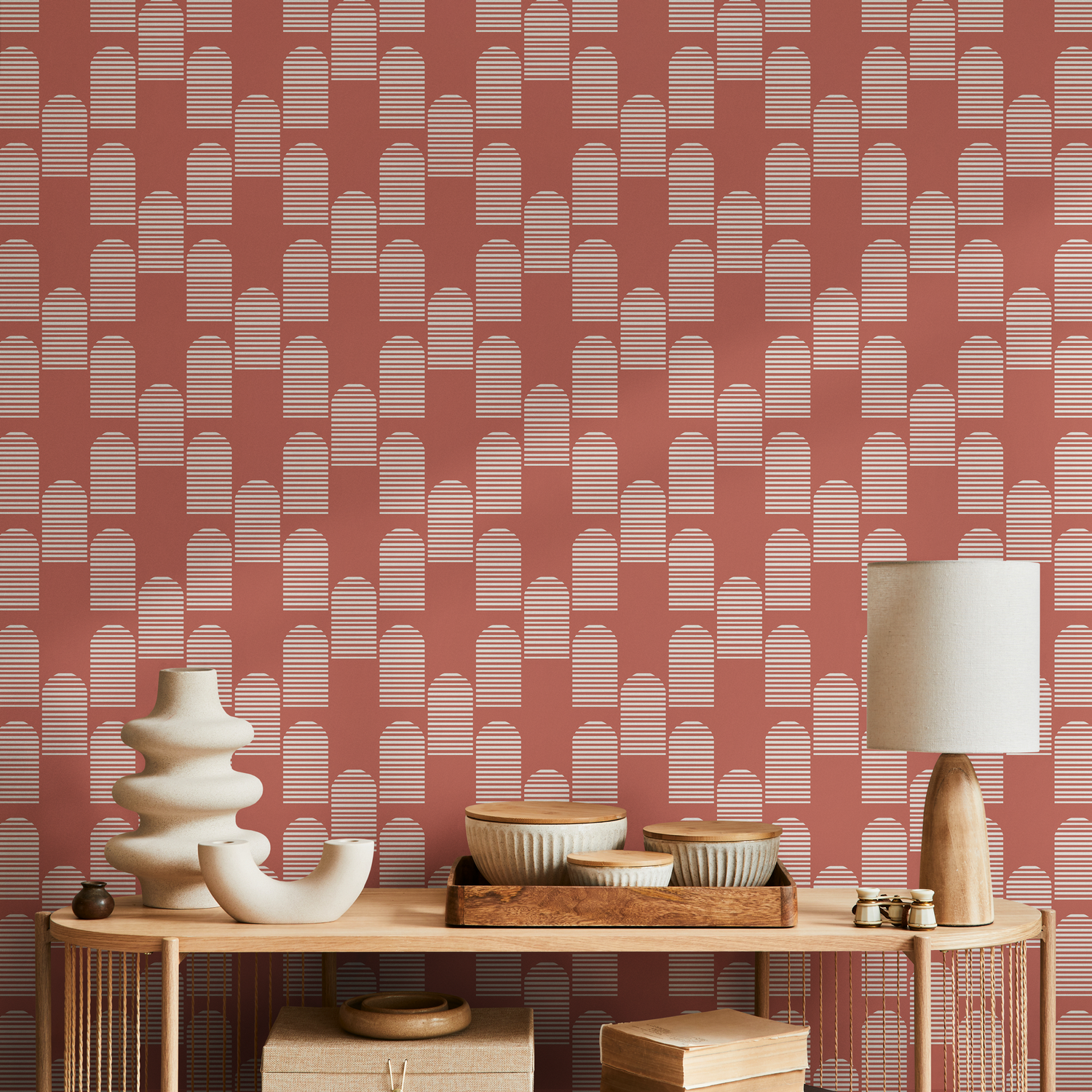 Geometric Wallpaper with a Striped Arch Motif in Terracotta and White - B761