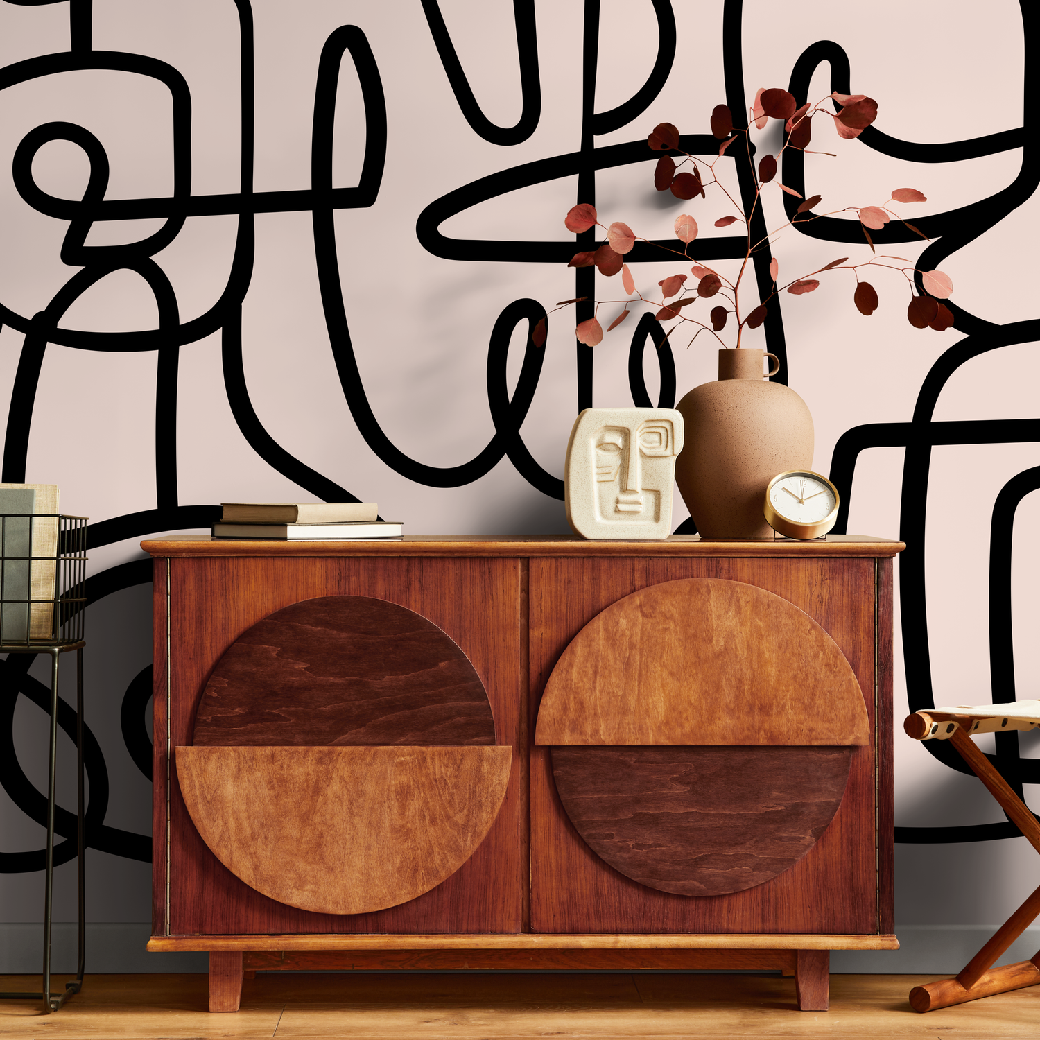 Abstract Wallpaper with a Bold Continuous Line Motif in Black and Beige - B762