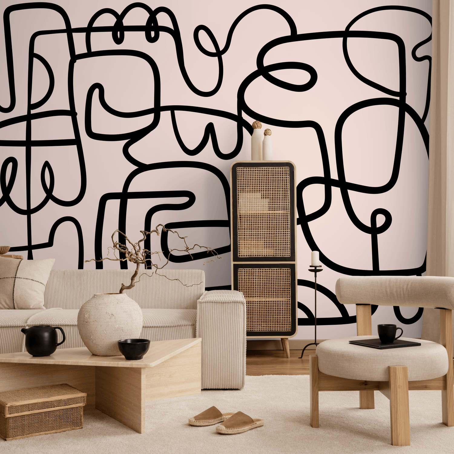 Abstract Wallpaper with a Bold Continuous Line Motif in Black and Beige - B762