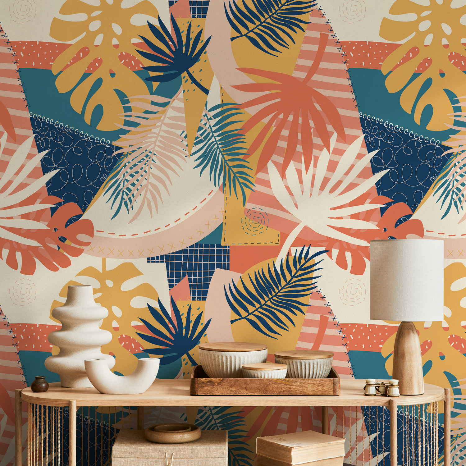 Abstract Wallpaper with a Tropical Leaf Patchwork in Blue, Yellow, and Orange - B763