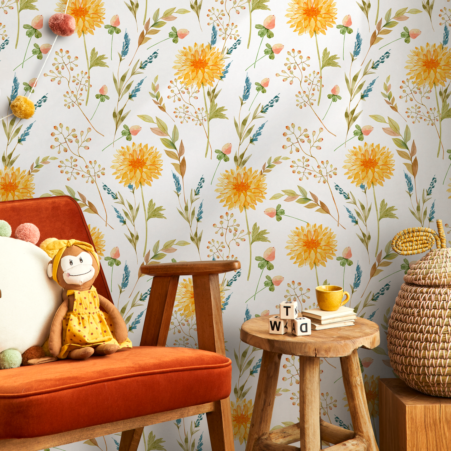 Floral Wallpaper with Watercolor Chrysanthemums in Yellow, Blue, and Green - B764