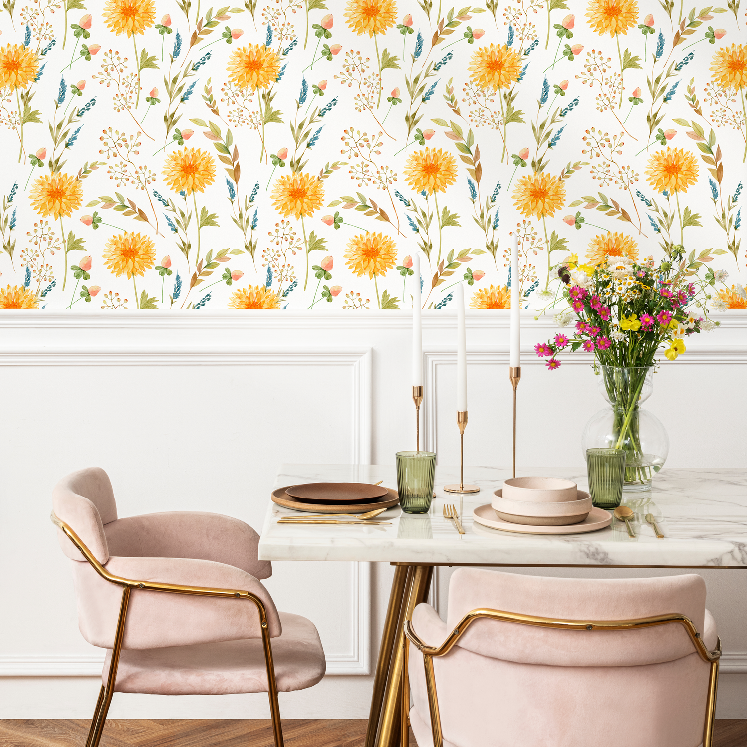 Floral Wallpaper with Watercolor Chrysanthemums in Yellow, Blue, and Green - B764