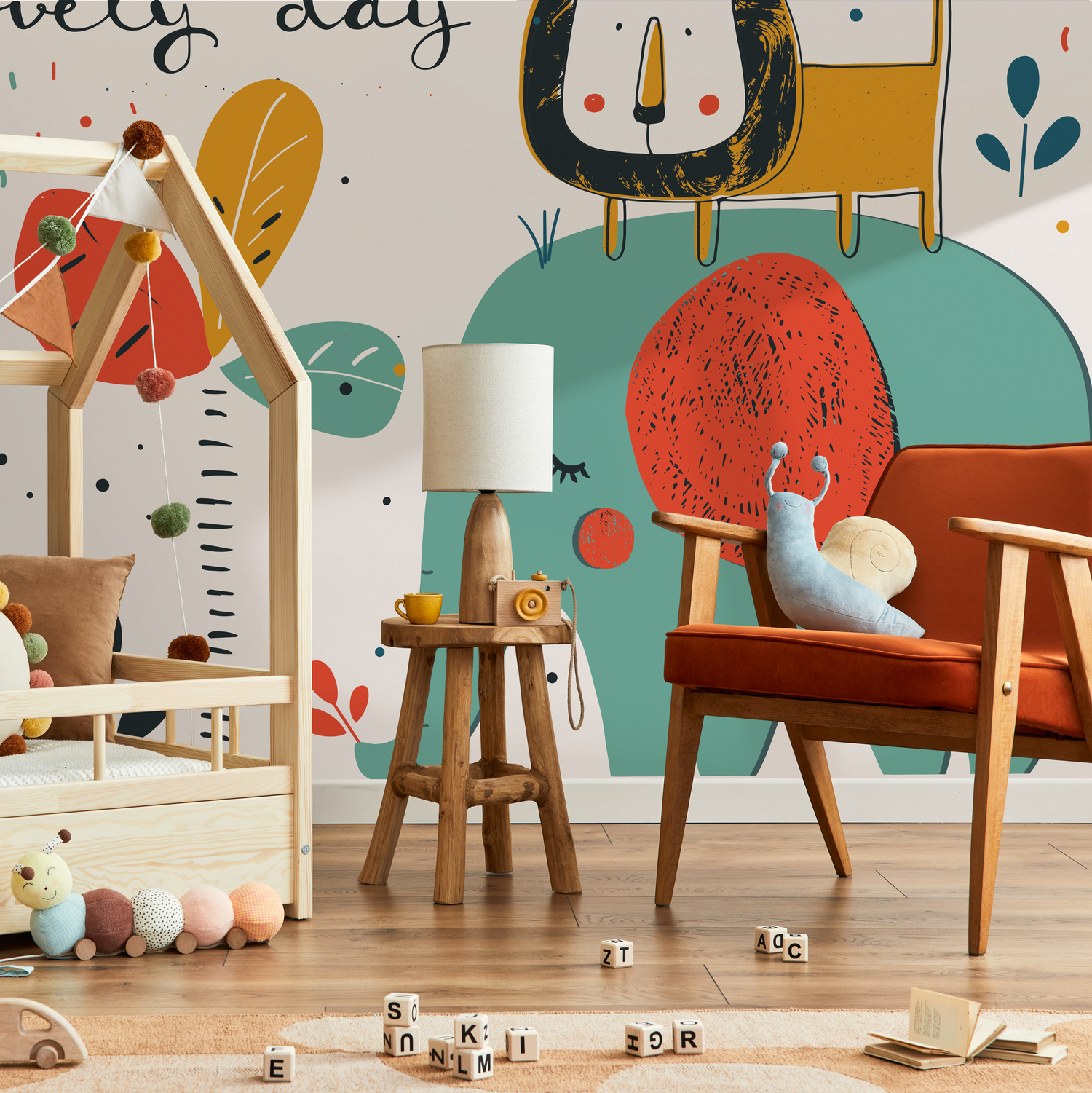 Kids Wallpaper With a Playful Elephant and Growth Chart in Red, Yellow, and Blue - B766