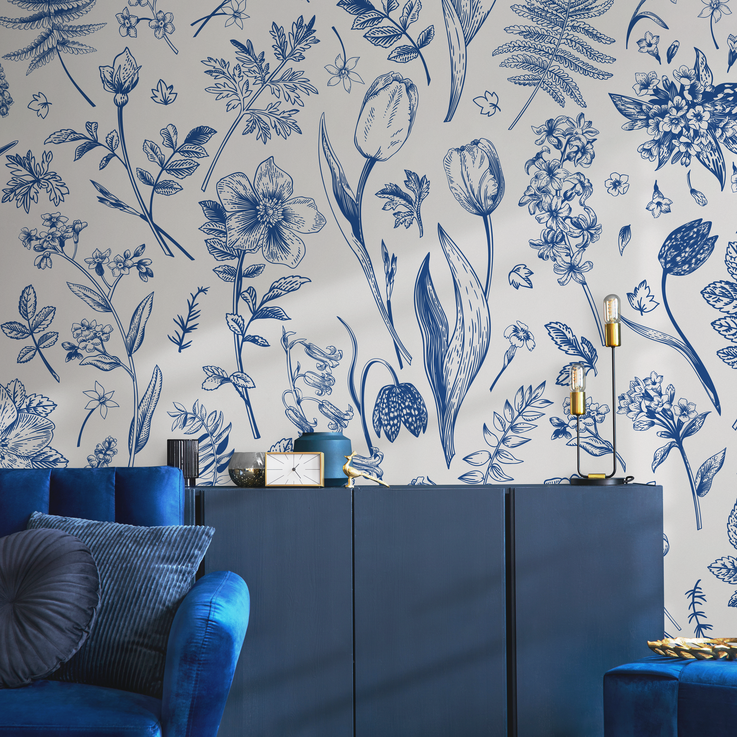 Botanical Wallpaper with a Vintage Wildflower Sketch in Blue and Cream - B775