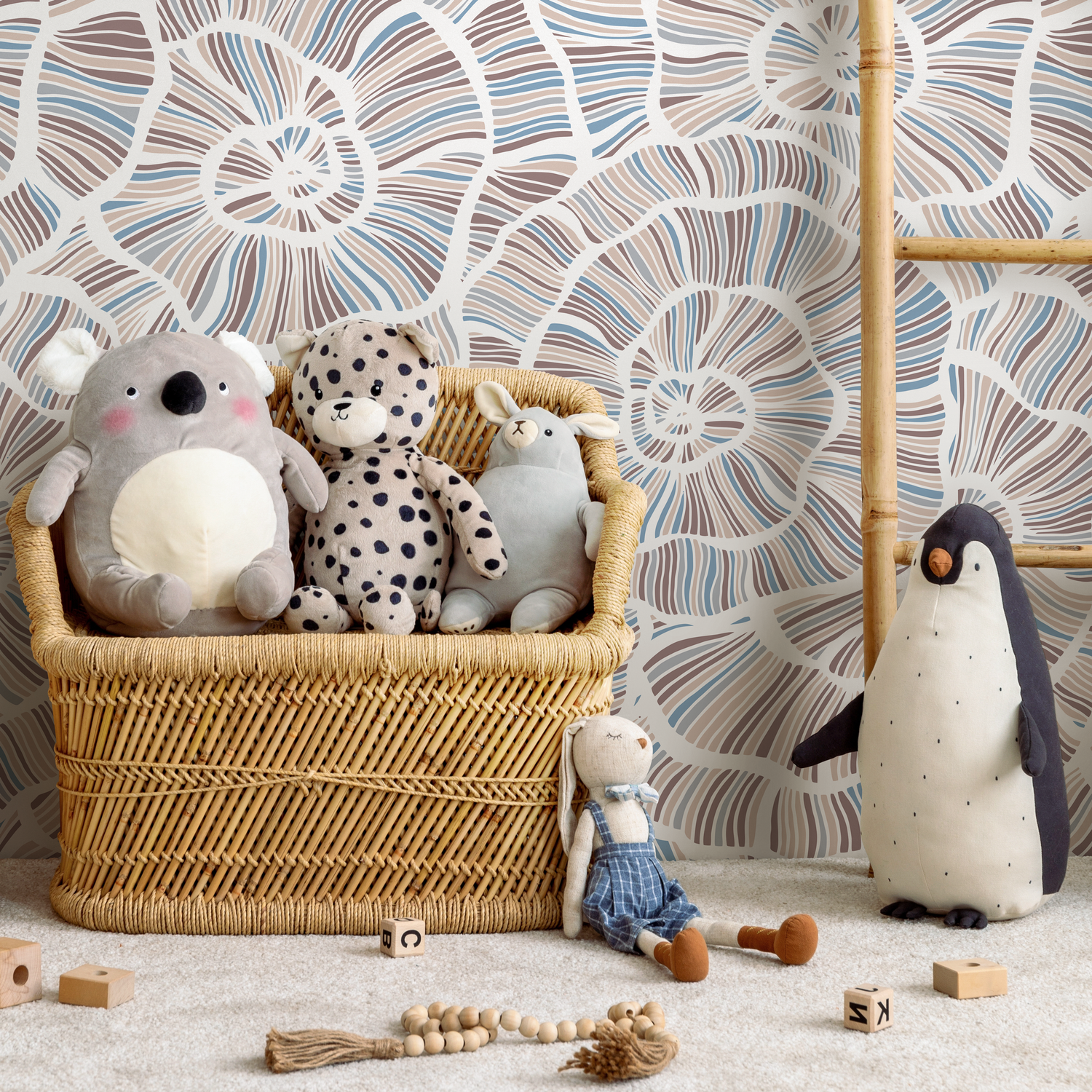 Abstract Wallpaper with a Spiral Shell Motif in Brown, Blue, and Beige - B784
