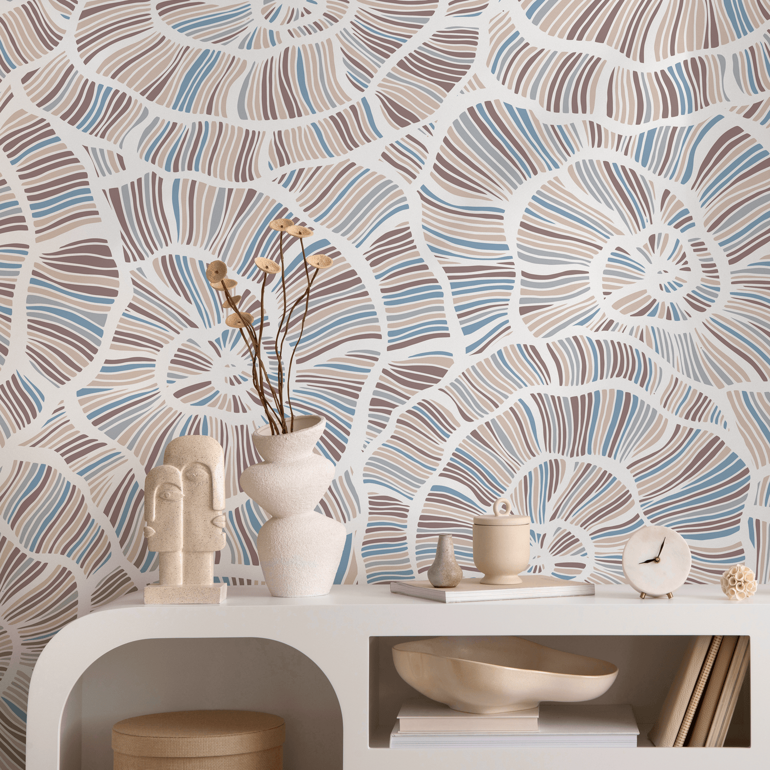 Abstract Wallpaper with a Spiral Shell Motif in Brown, Blue, and Beige - B784