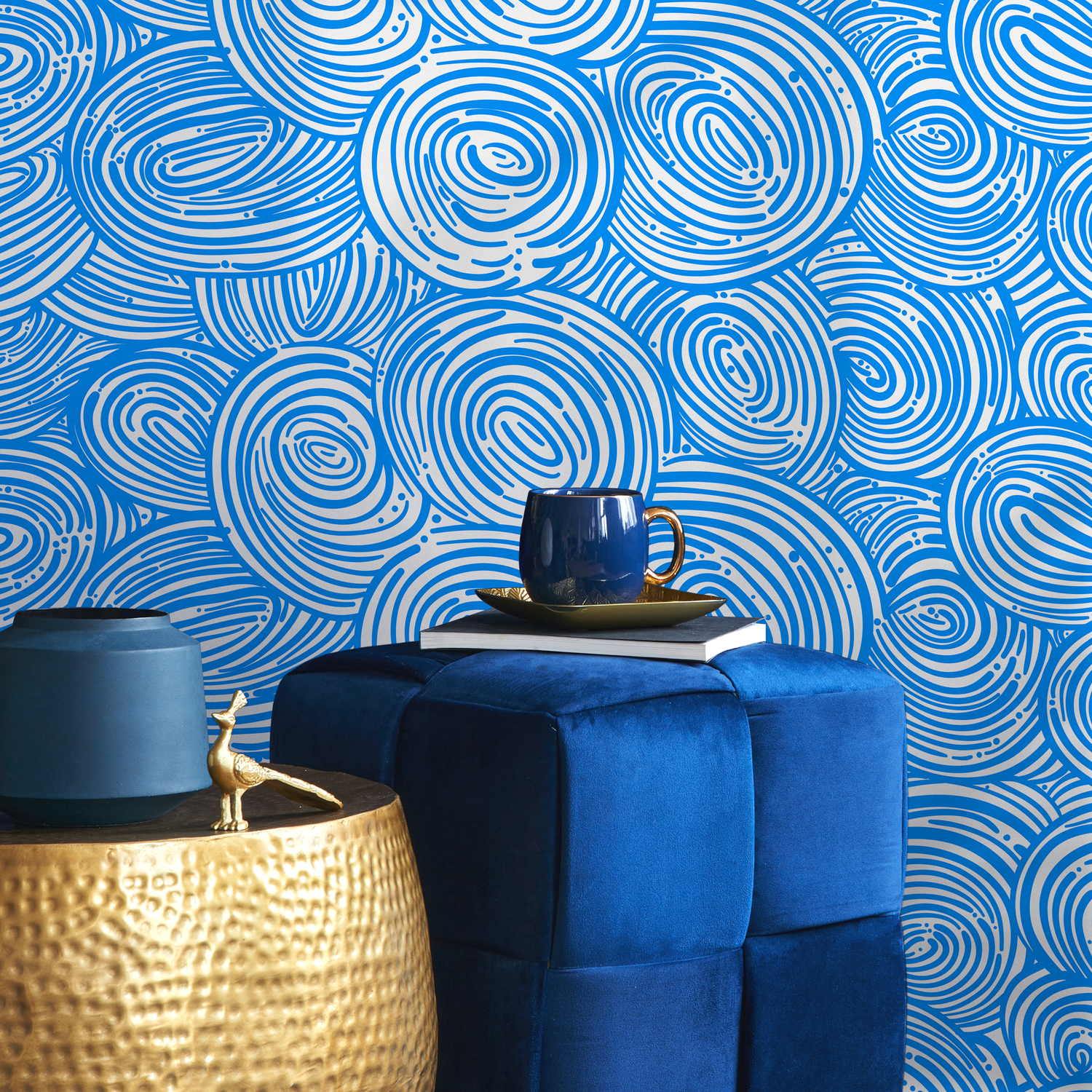 Abstract Wallpaper with Concentric Swirls in Blue and White - B786