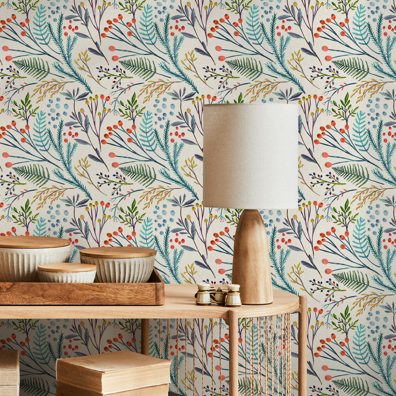 Botanical Wallpaper with Watercolor Ferns and Berries in Teal, Red, and Purple - B787