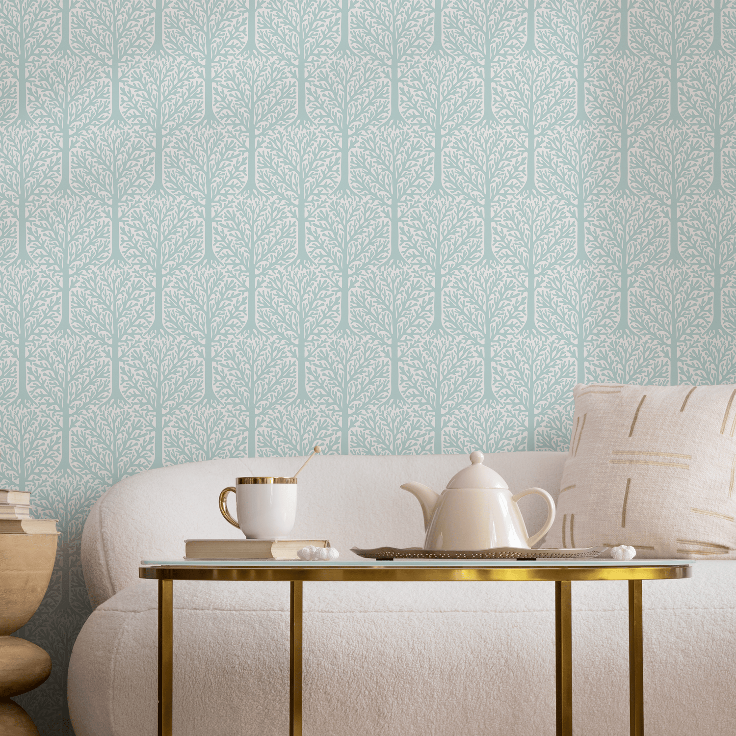 Woodland Wallpaper Featuring a Minimalist Forest in Light Blue and White - B790