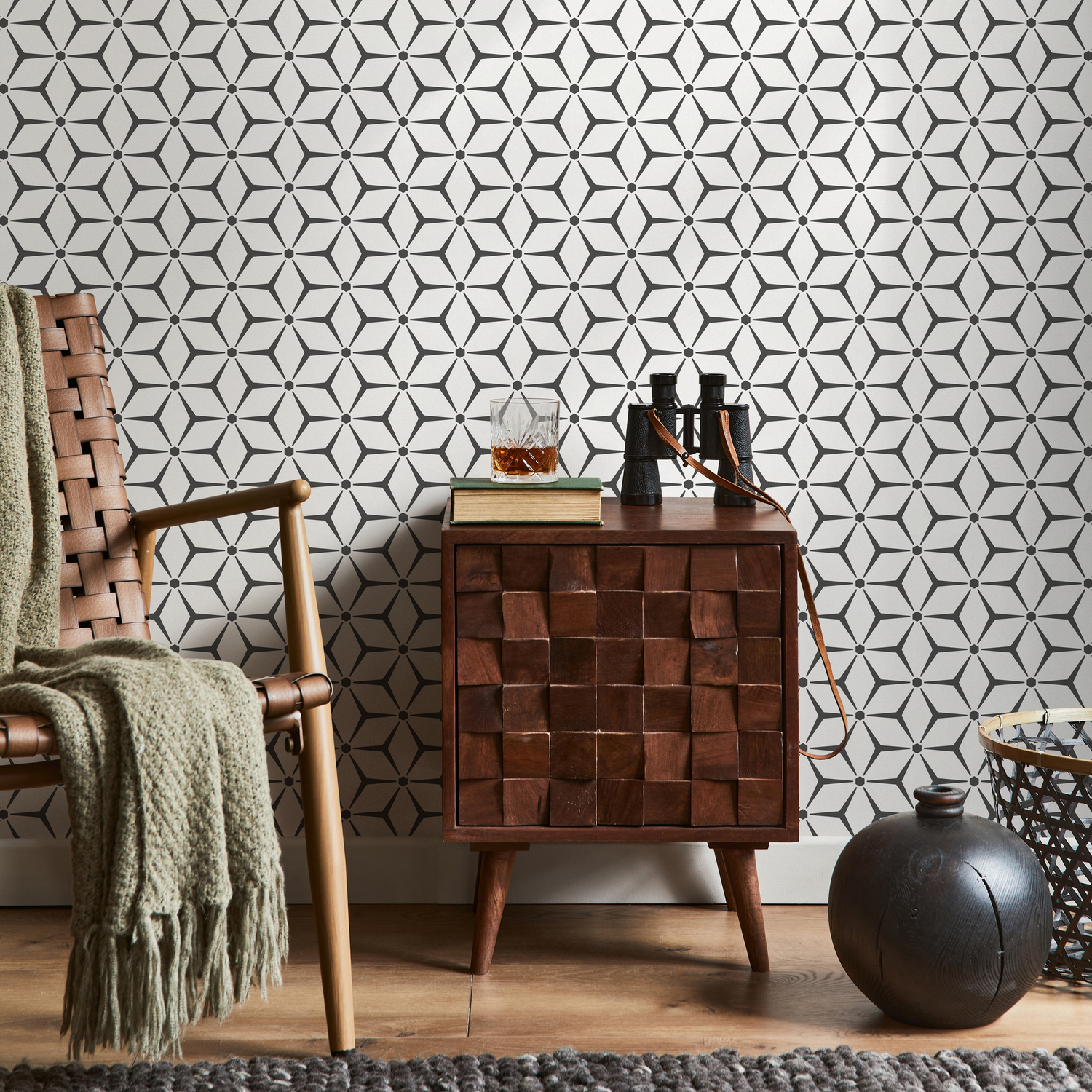 Geometric Wallpaper with a Starburst Tile Motif in Black and White - B791