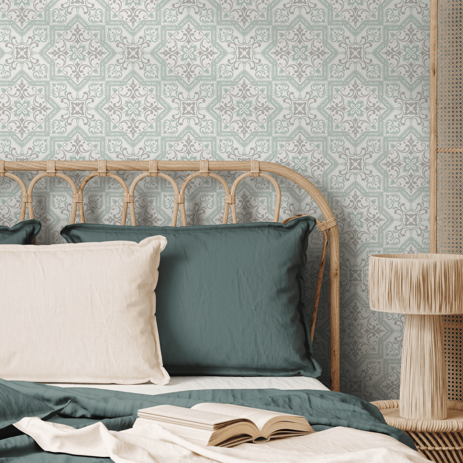Tile Wallpaper with Ornate Star Motifs in Green and Gray - B794