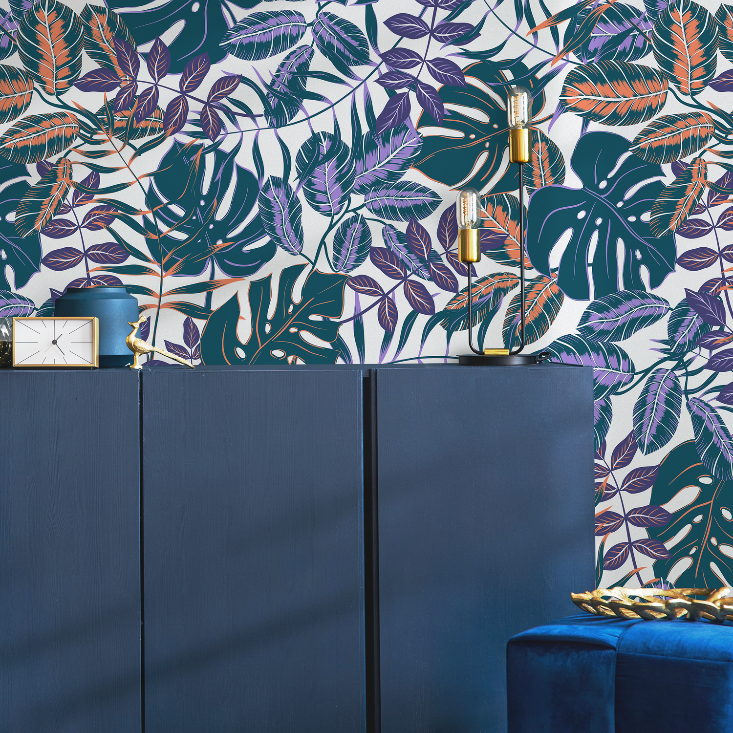 Papel tapiz autoadhesivo, papel tapiz removible, decoración del hogar, decoración de paredes, decoración de habitaciones / Papel tapiz de hojas de monstera de jungla azul púrpura - B800
