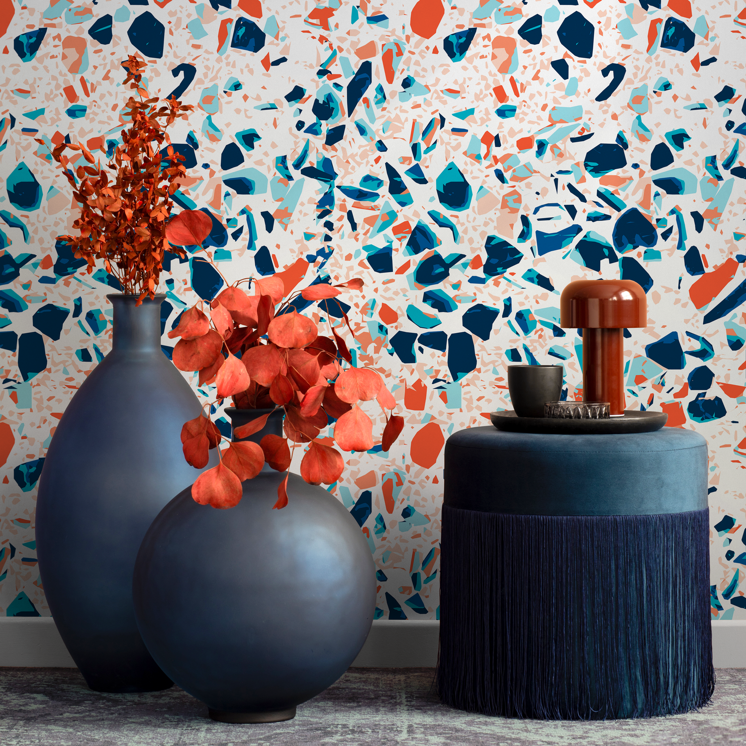 Terrazzo Wallpaper with Colorful Fragments in Blue and Orange - B832