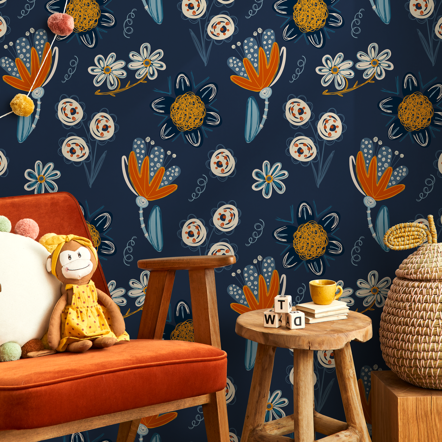 Floral Wallpaper Featuring Whimsical Blooms in Navy and Orange - B840