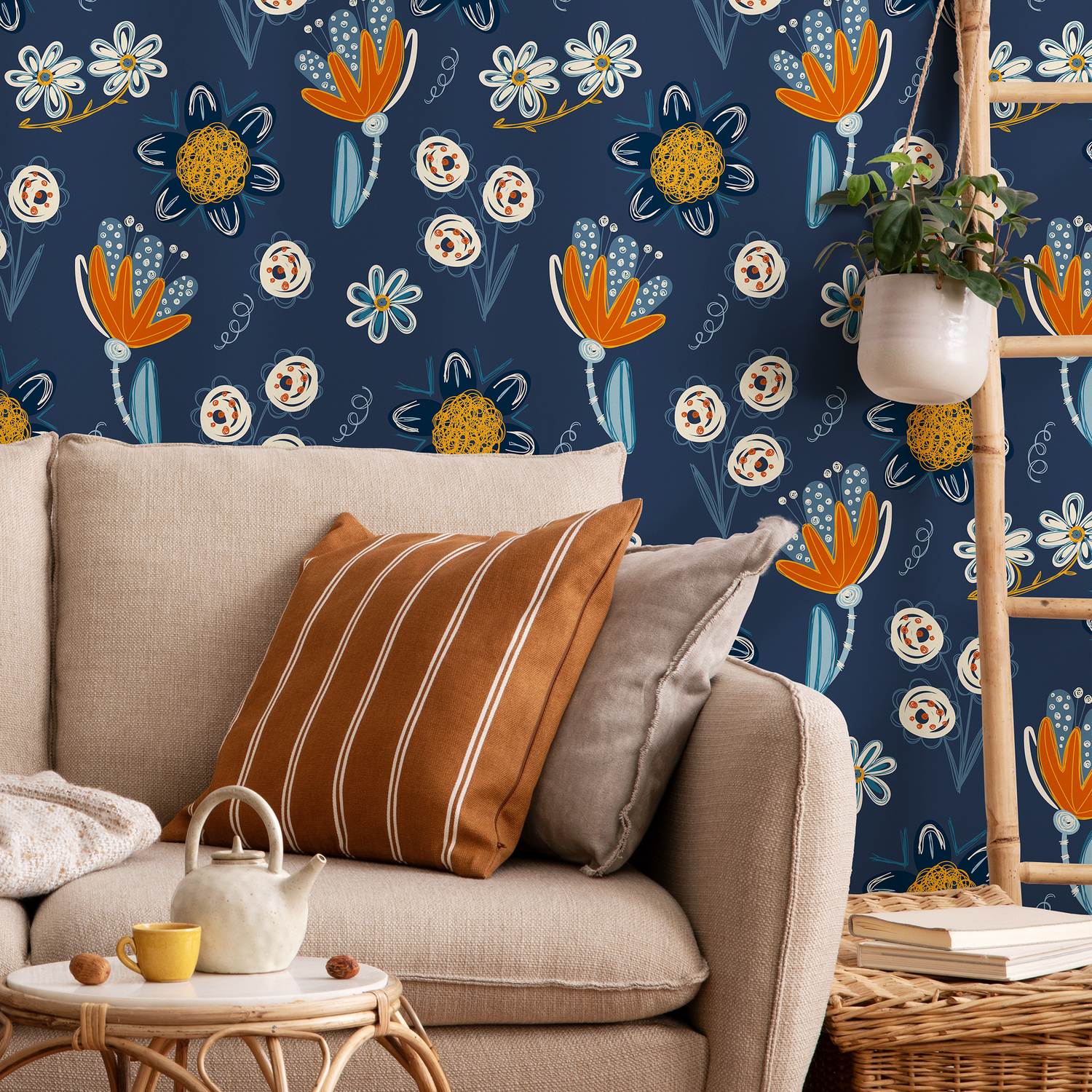 Floral Wallpaper Featuring Whimsical Blooms in Navy and Orange - B840