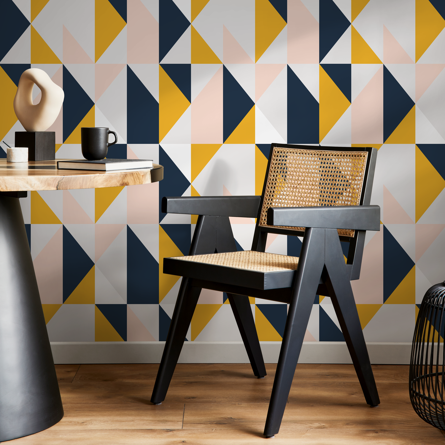 Geometric Wallpaper with a Triangle Grid in Navy, Yellow, and Pink - B847