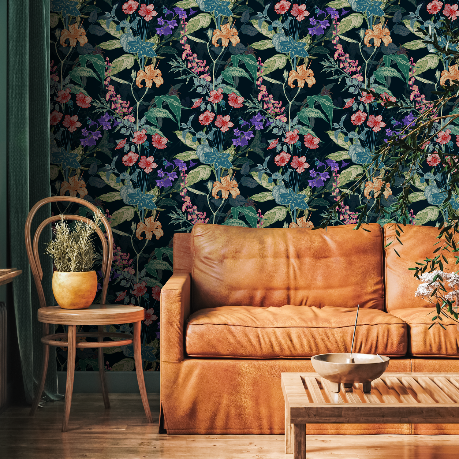 Botanical Wallpaper with a Vintage Floral Motif in Orange, Red, and Purple - B849
