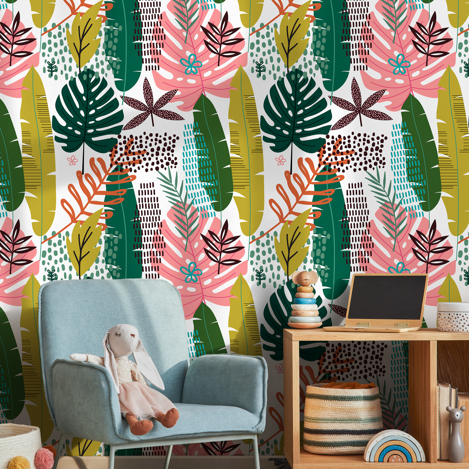 Boho Wallpaper with Tropical and Abstract Leaves in Green, Pink, and Teal - B850