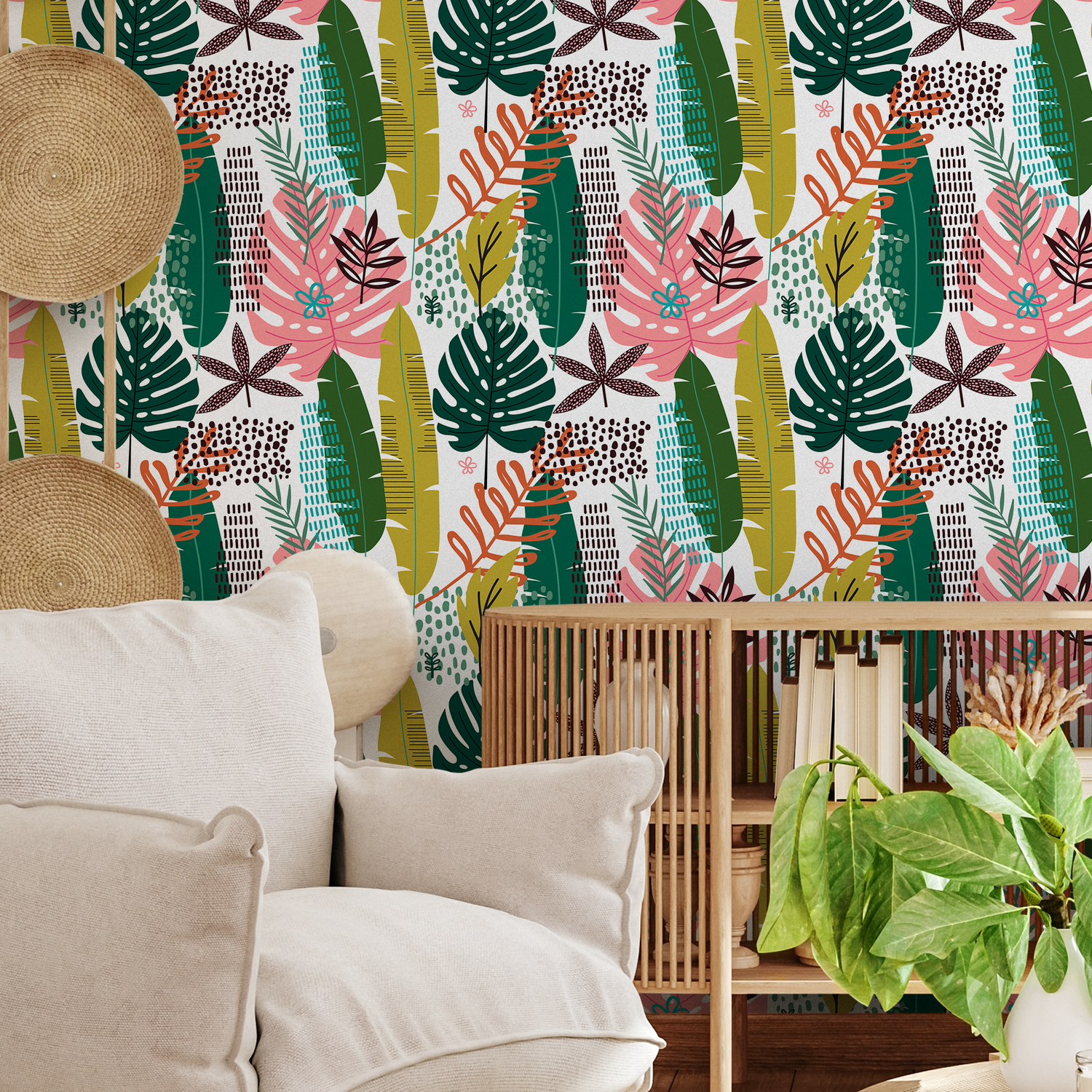Boho Wallpaper with Tropical and Abstract Leaves in Green, Pink, and Teal - B850