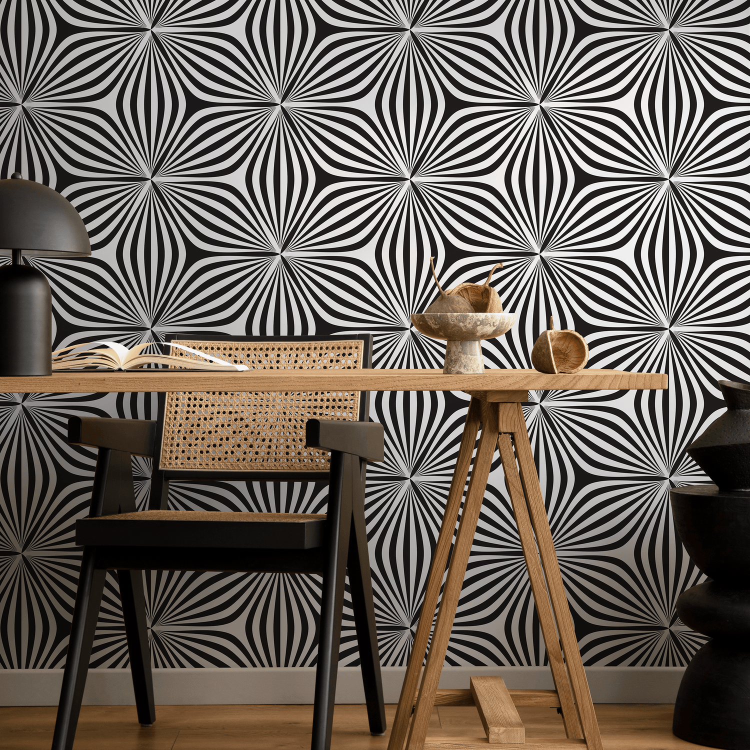 Geometric Wallpaper with an Optical Starburst Motif in Black and White - B855