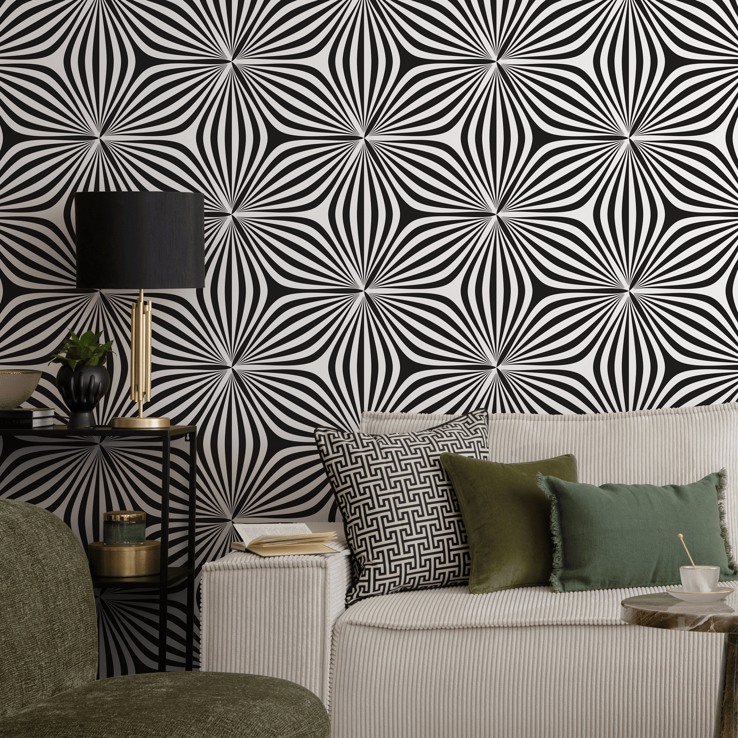 Geometric Wallpaper with an Optical Starburst Motif in Black and White - B855