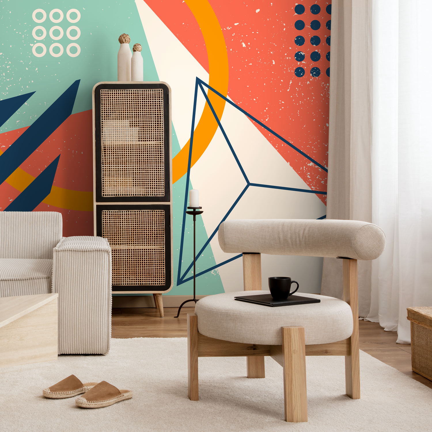 Abstract Wallpaper with Bold Geometric Shapes in Coral, Teal, and Blue - B858