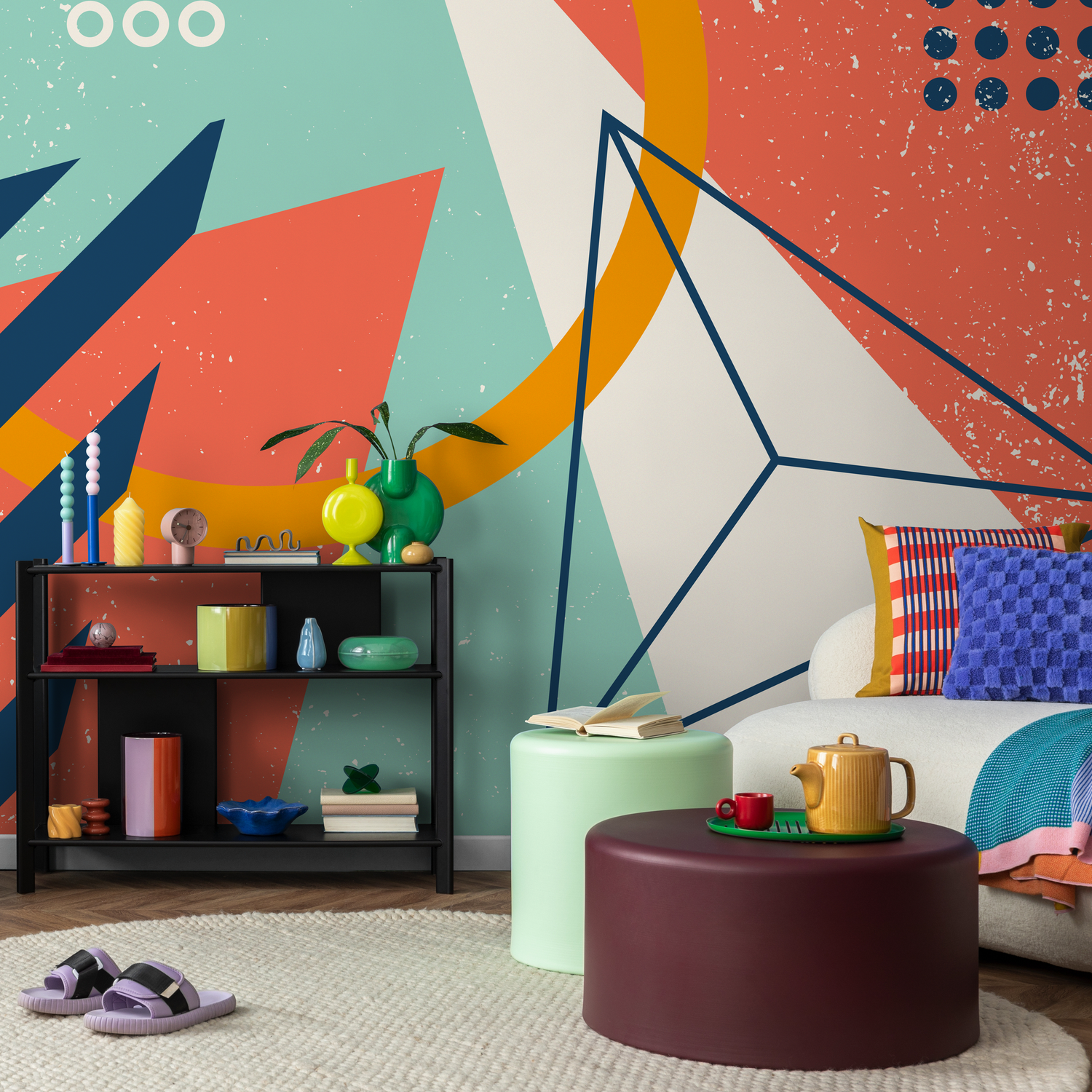 Abstract Wallpaper with Bold Geometric Shapes in Coral, Teal, and Blue - B858