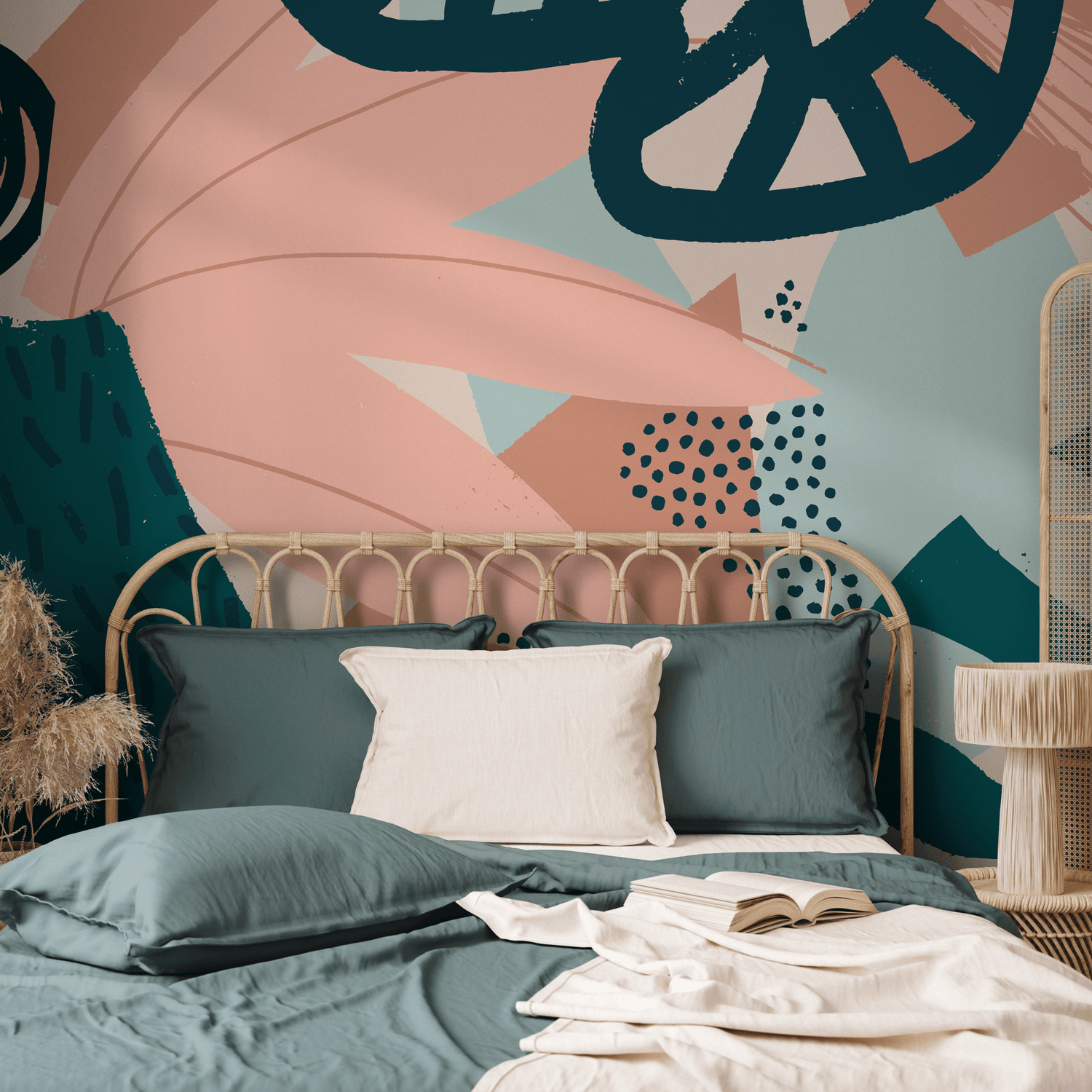 Abstract Wallpaper with Bold Shapes and Brushstrokes in Pink, Teal, and Sage - B861
