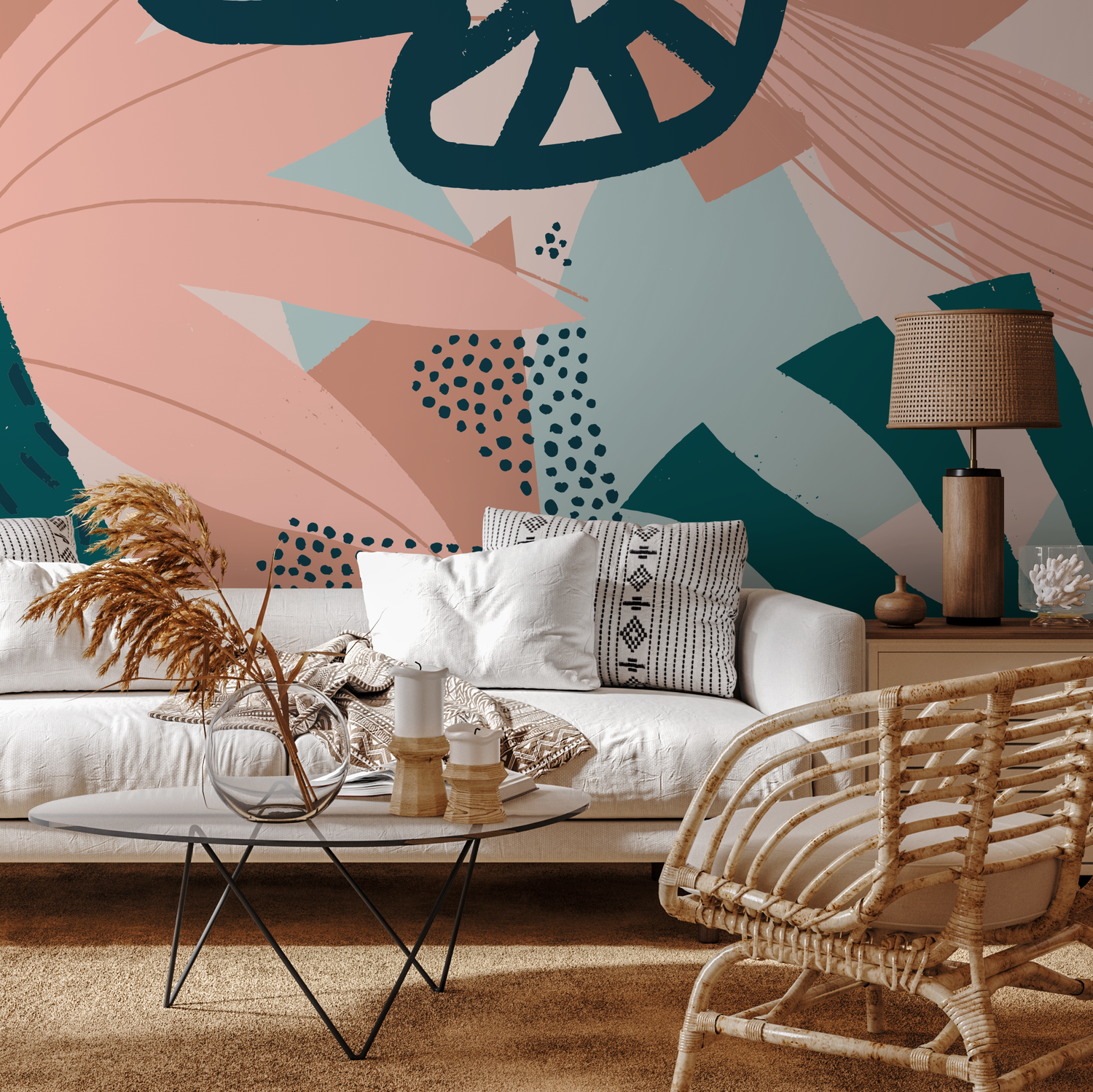 Abstract Wallpaper with Bold Shapes and Brushstrokes in Pink, Teal, and Sage - B861