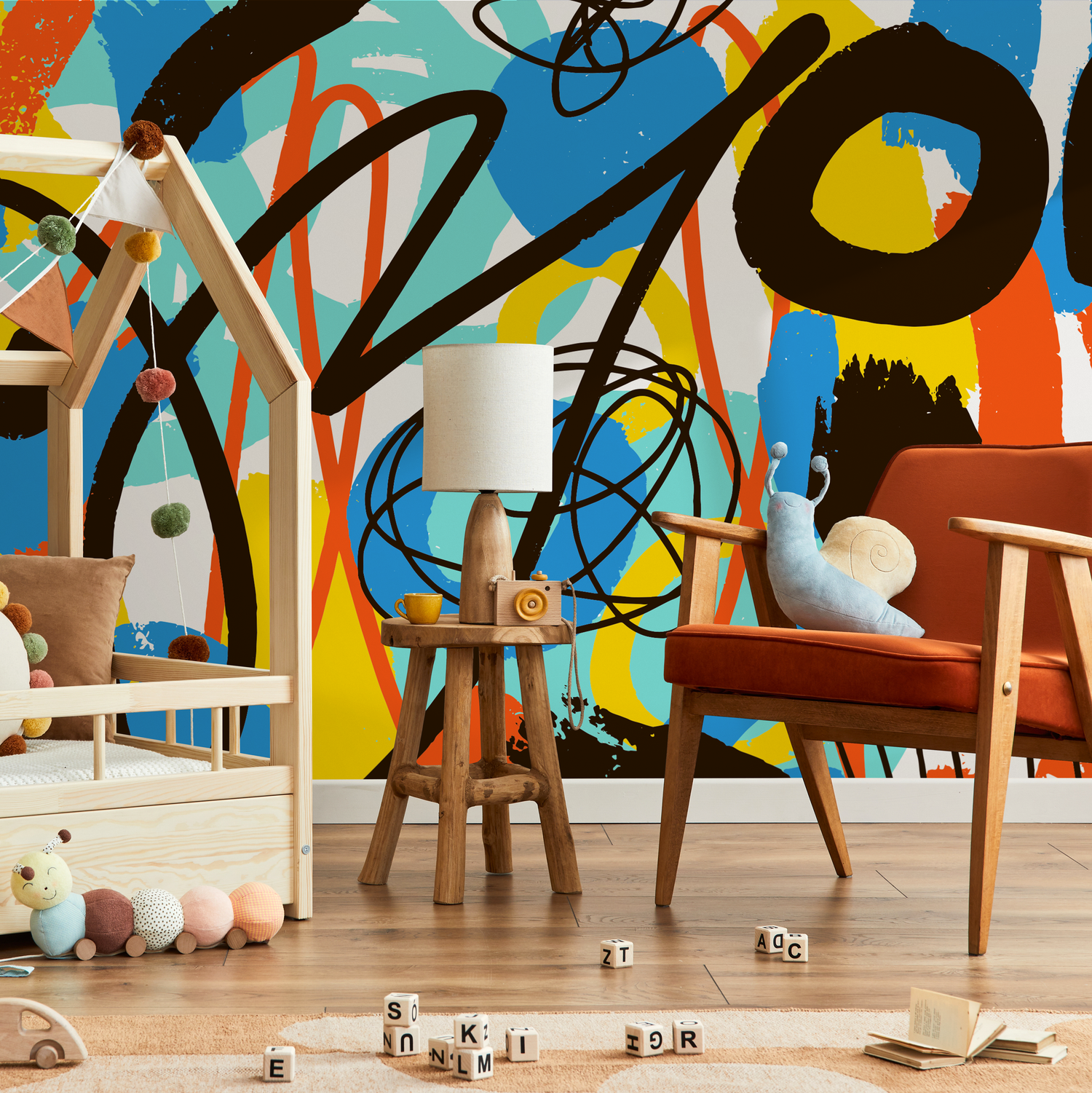 Abstract Wallpaper with a Graffiti Scribble Motif in Blue, Yellow, and Orange - B873