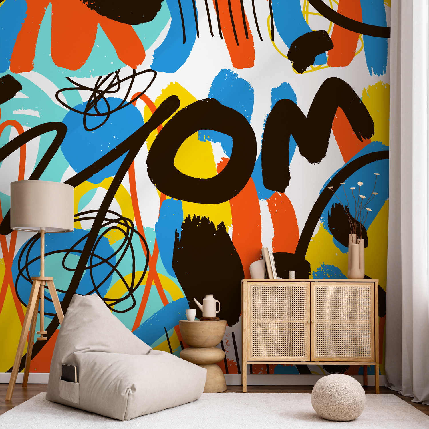 Abstract Wallpaper with a Graffiti Scribble Motif in Blue, Yellow, and Orange - B873