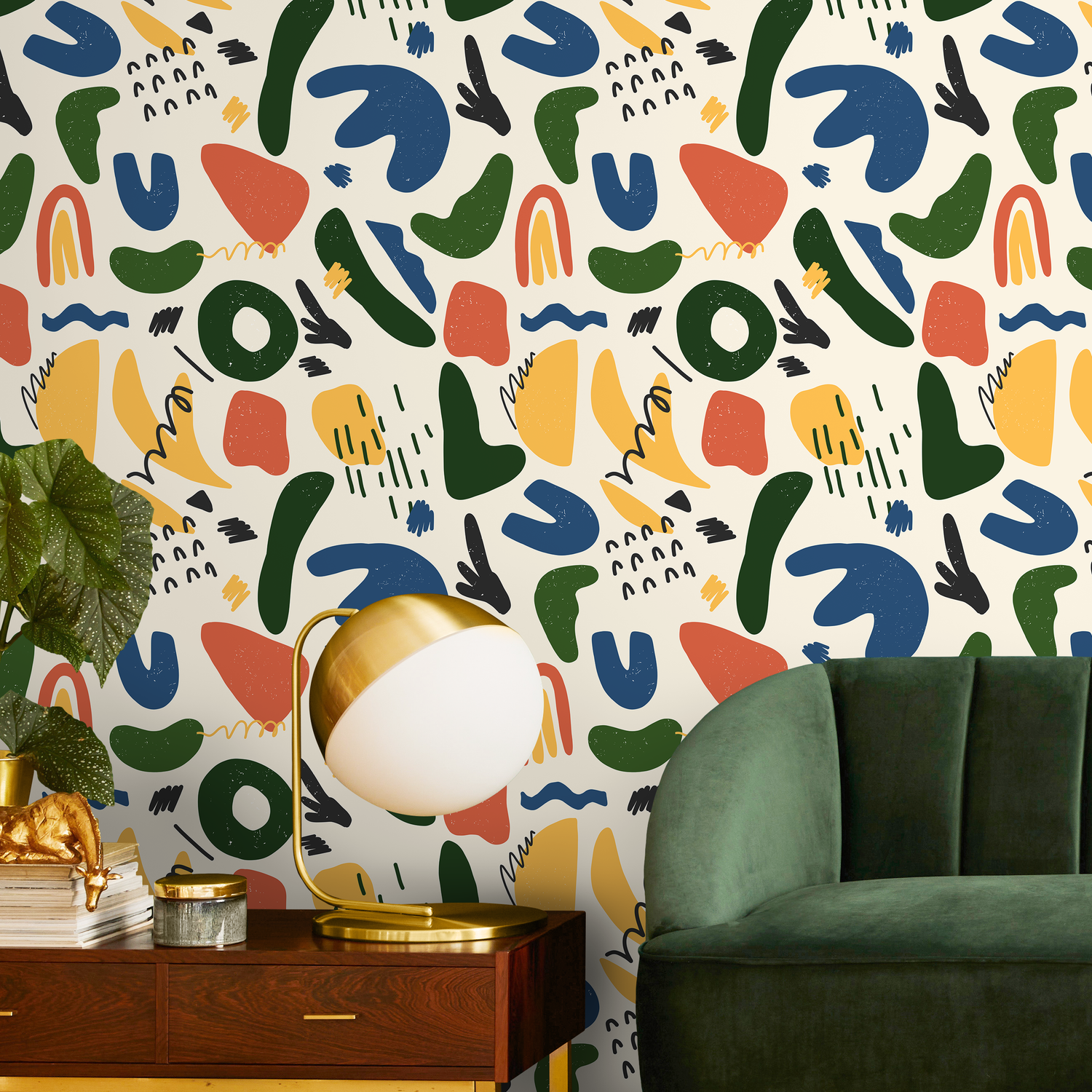 Abstract Wallpaper with Colorful Organic Shapes in Blue, Green, and Yellow - B881