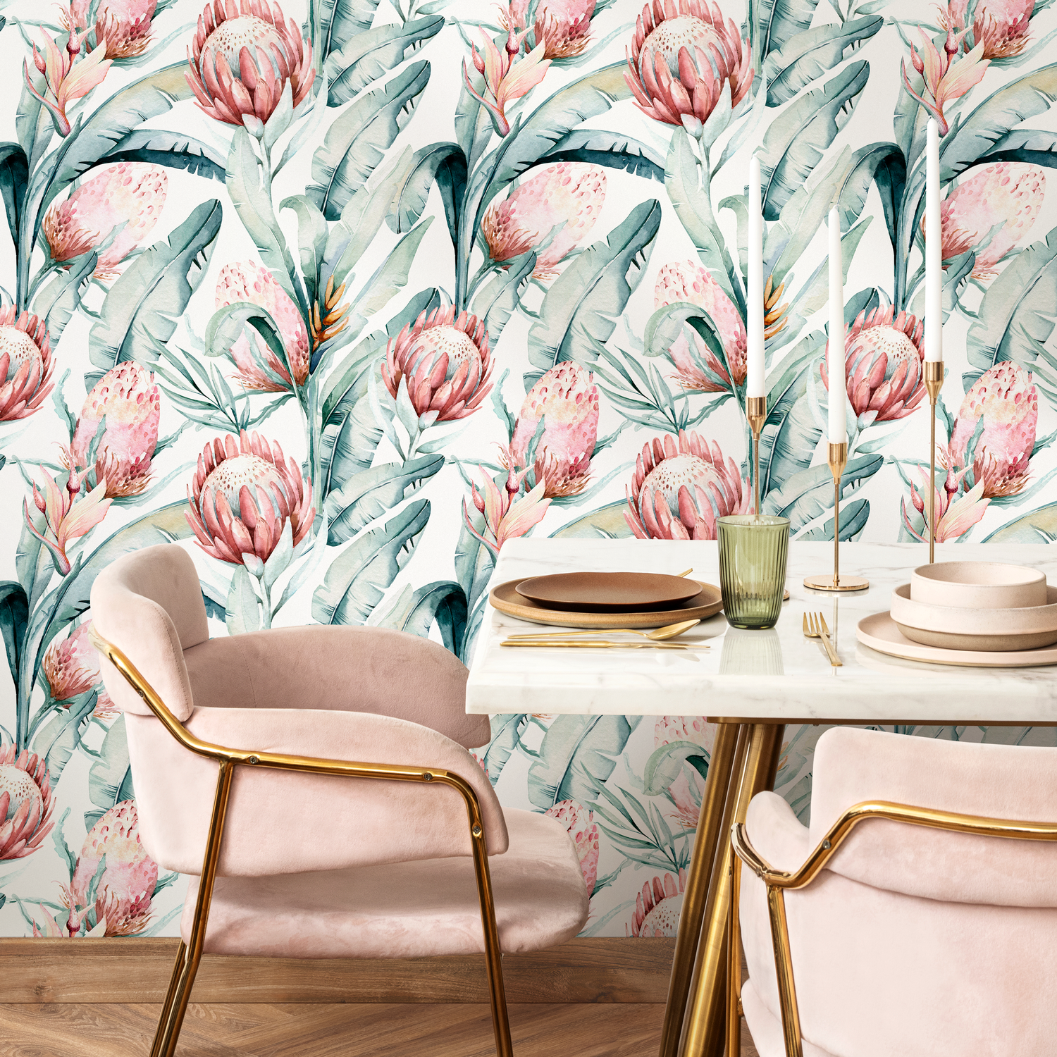 Botanical Wallpaper with Watercolor Protea Flowers in Pink and Green - B890