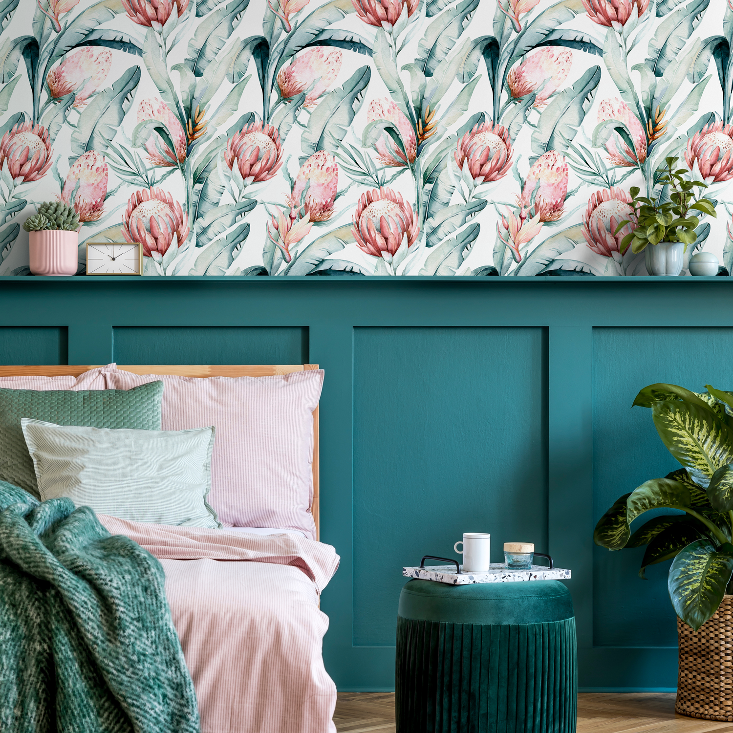 Botanical Wallpaper with Watercolor Protea Flowers in Pink and Green - B890