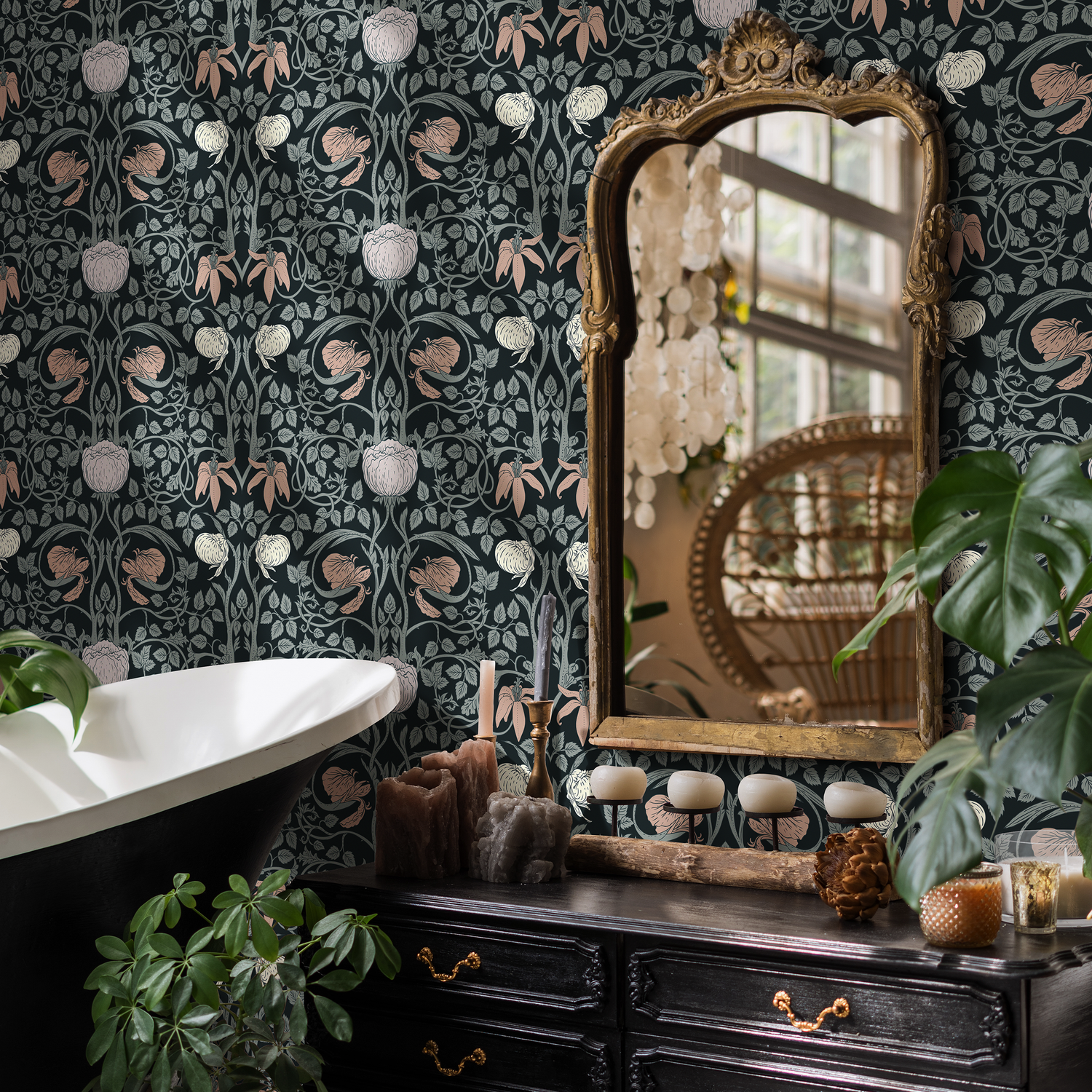 Art Nouveau Wallpaper with Intricate Floral Vines in Black, Green, and Pink - B900