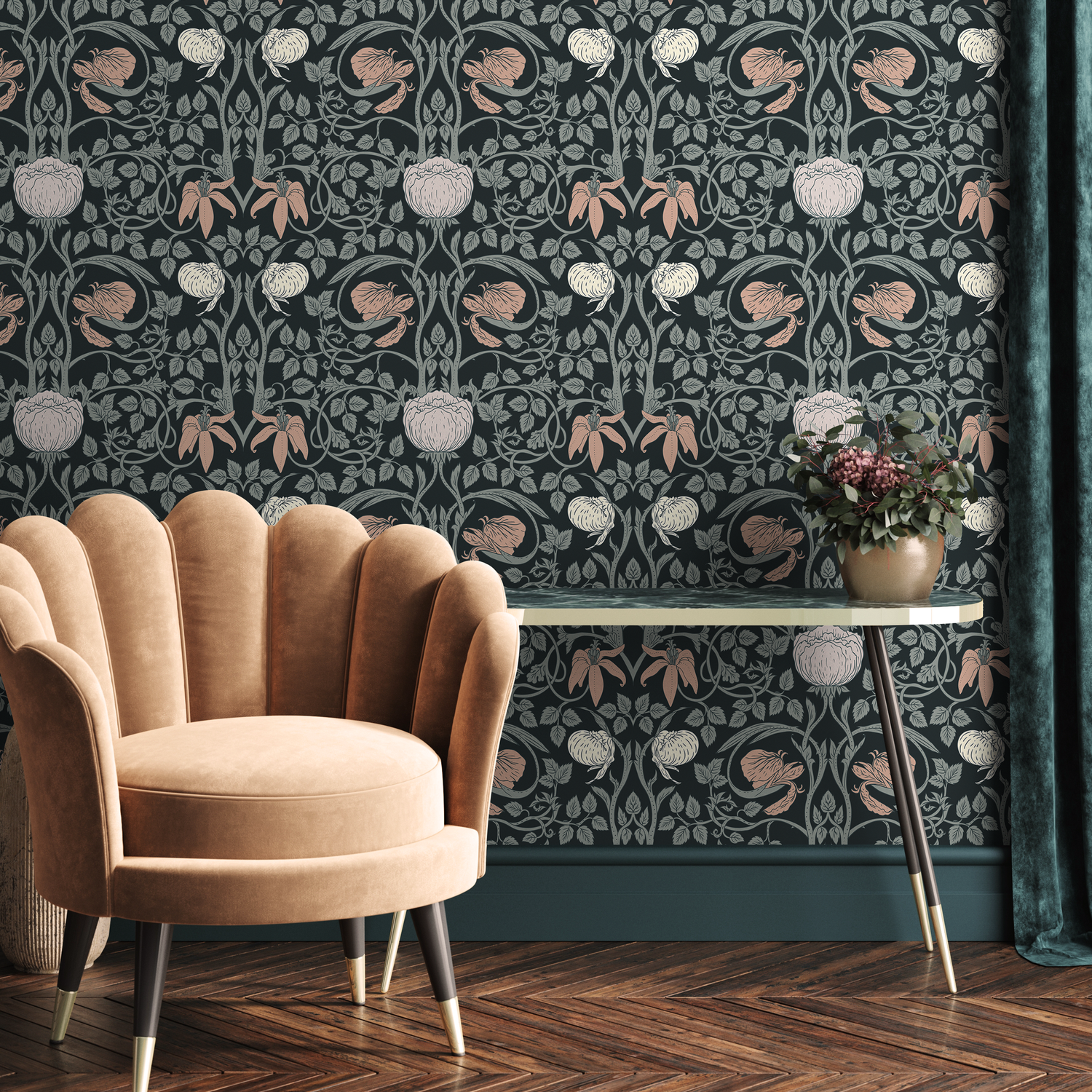 Art Nouveau Wallpaper with Intricate Floral Vines in Black, Green, and Pink - B900